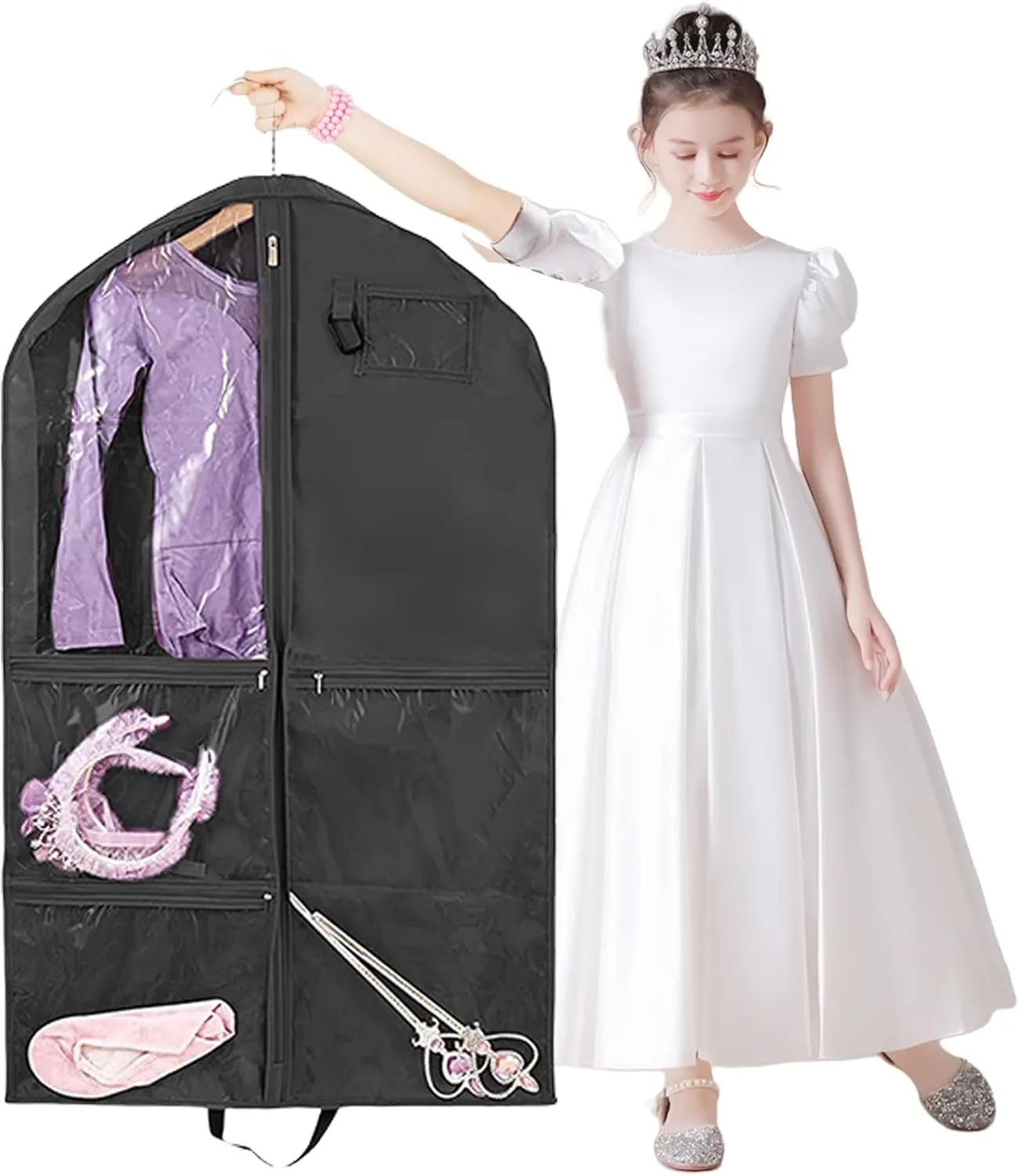Dance Dress Protective Carriers Water Garment Bag with Multiple Pockets Hanging Storage Bag for Dancewear