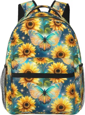 Dreamy Butterfly Sunflowers Backpack Adjustable Shoulder Bag 15 Inch Laptop Backpacks for Travel Hiking Outdoor