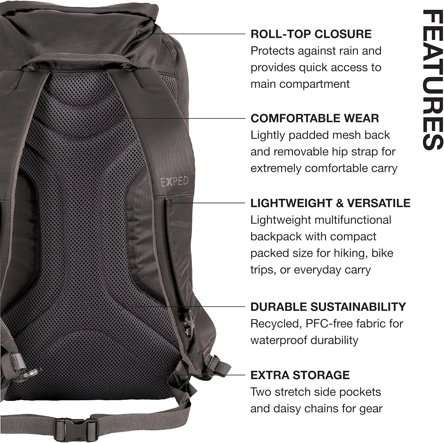 Exped Typhoon 15 | Lightweight Travel Backpack | Waterproof | Multifunctional, Black, 15L