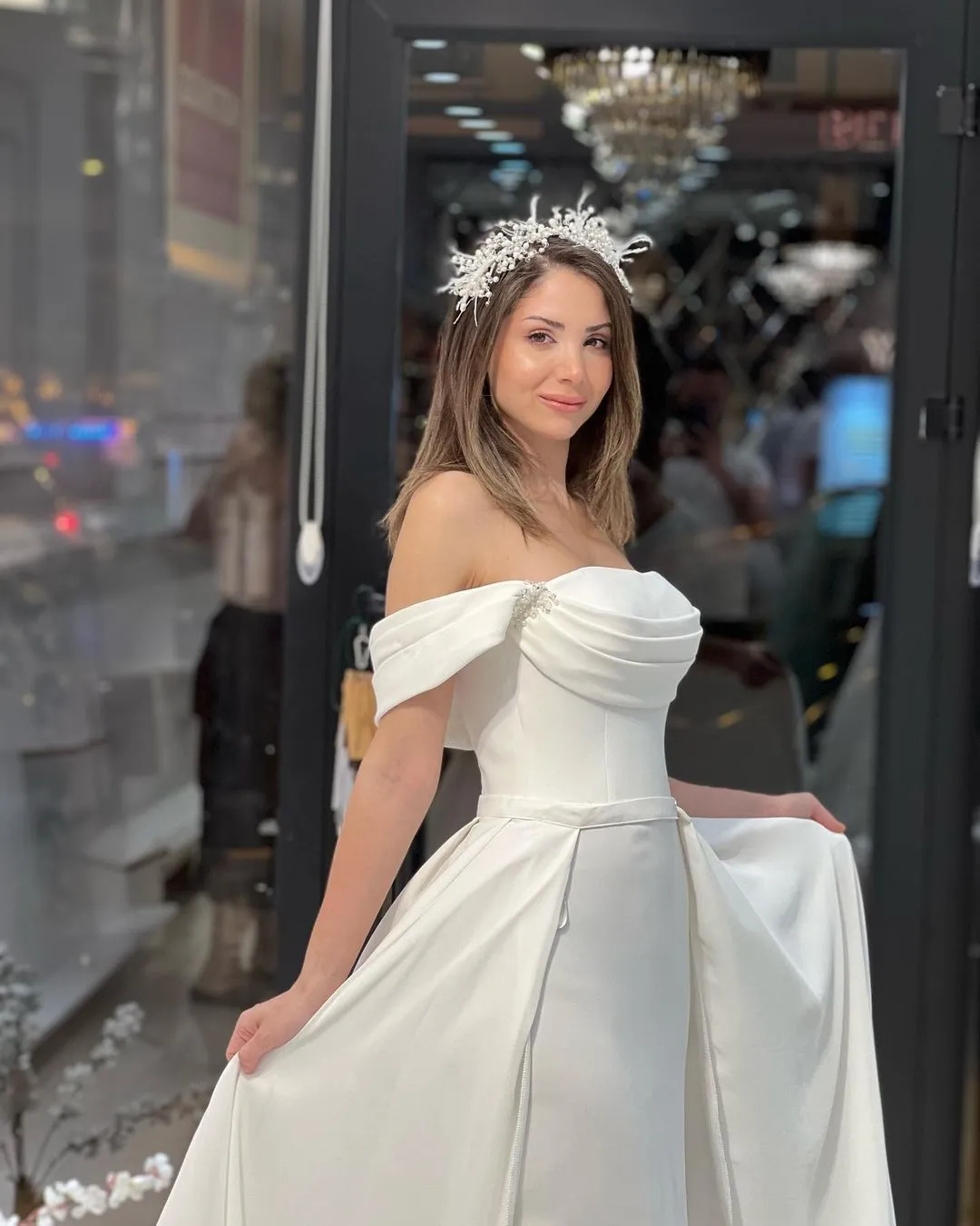 Exquisite Floor Length Off-The-Shoulder A-Line Satin Wedding Dress with Beads