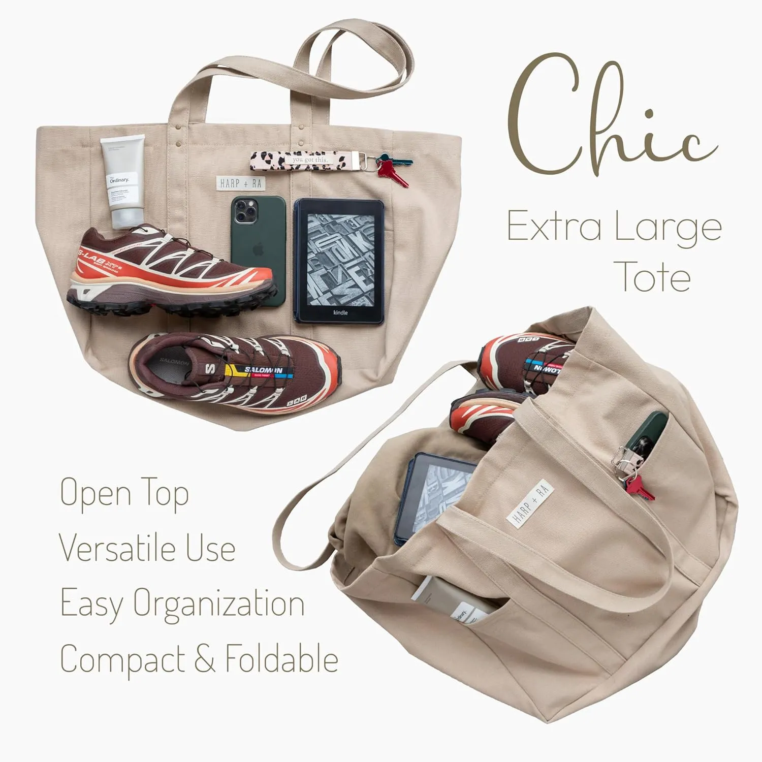 Extra Large Canvas Tote Bag - Utility with 2 Front Pockets and Laptop Sleeve, heavy duty everyday tote