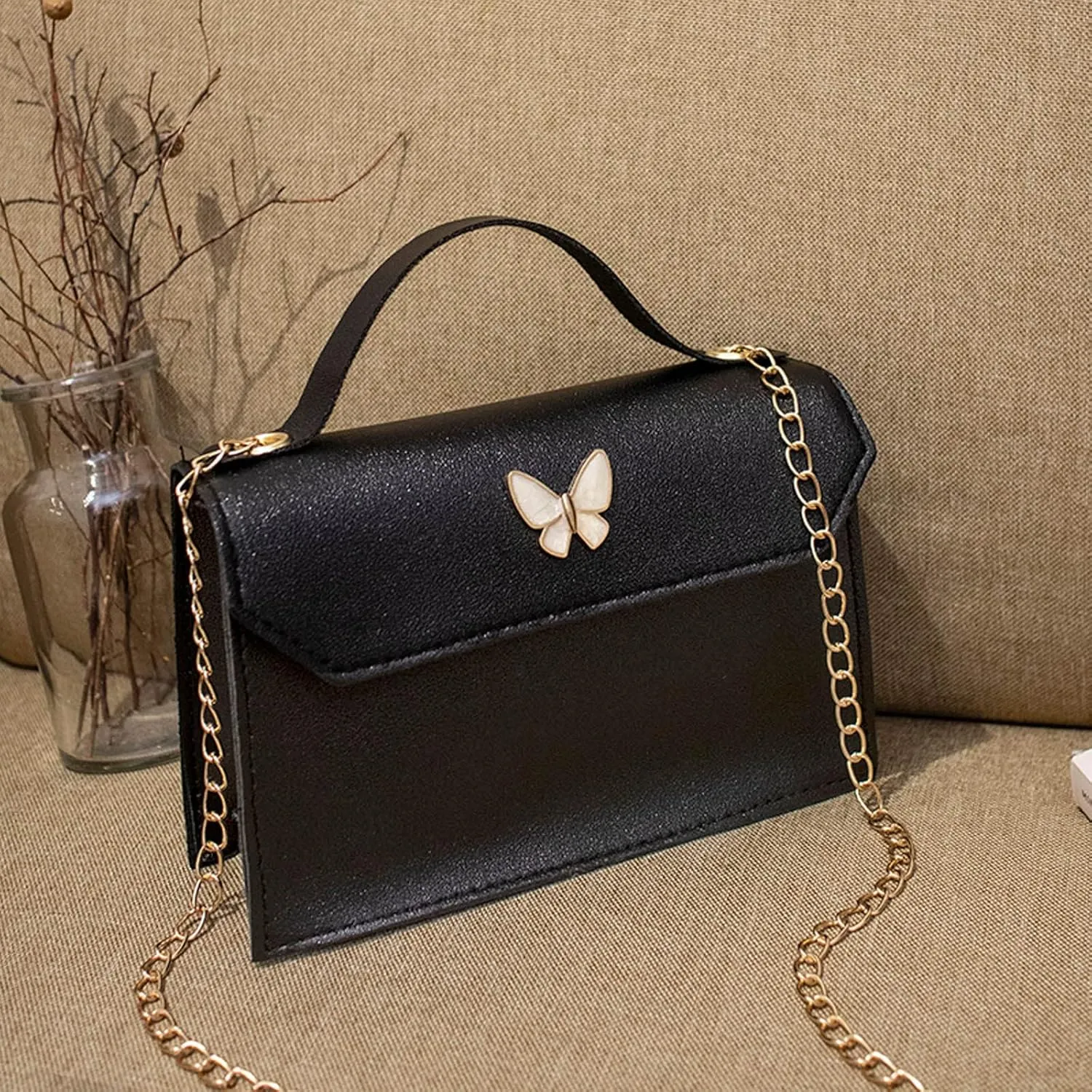 Fashion Women Leather Solid Color Bow Tie Hasp Phone Bag Shoulder Bags Messenger Bag Mens Briefcase (Black, One Size)