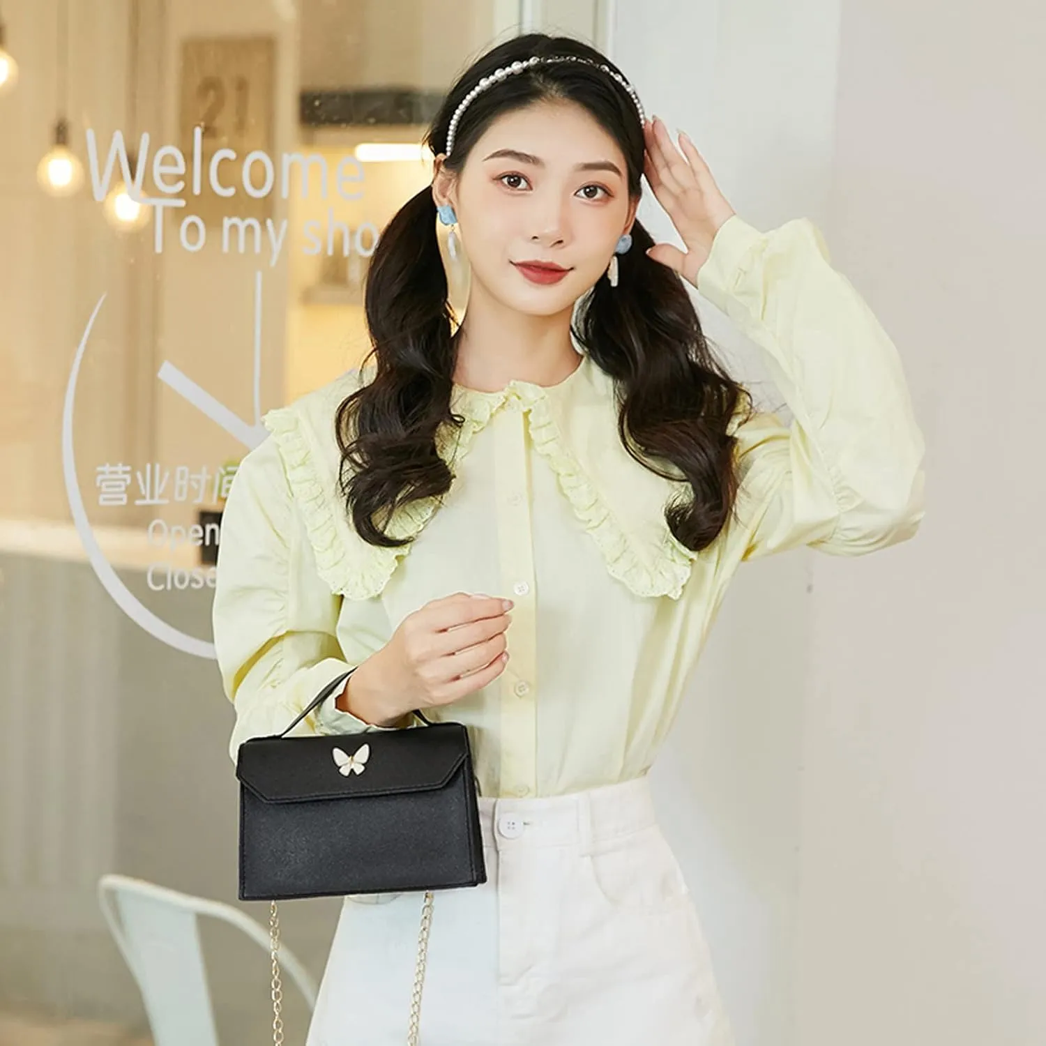 Fashion Women Leather Solid Color Bow Tie Hasp Phone Bag Shoulder Bags Messenger Bag Mens Briefcase (Black, One Size)