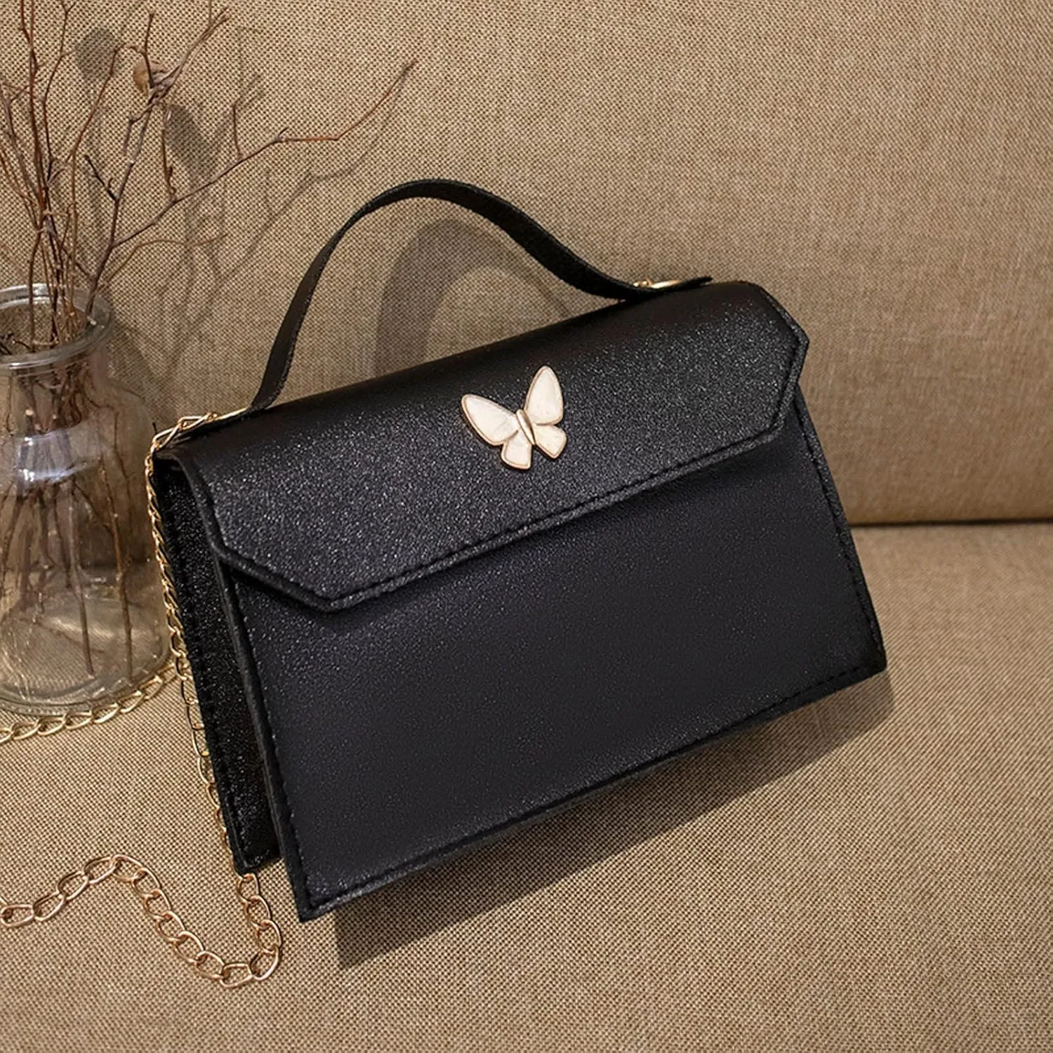 Fashion Women Leather Solid Color Bow Tie Hasp Phone Bag Shoulder Bags Messenger Bag Mens Briefcase (Black, One Size)