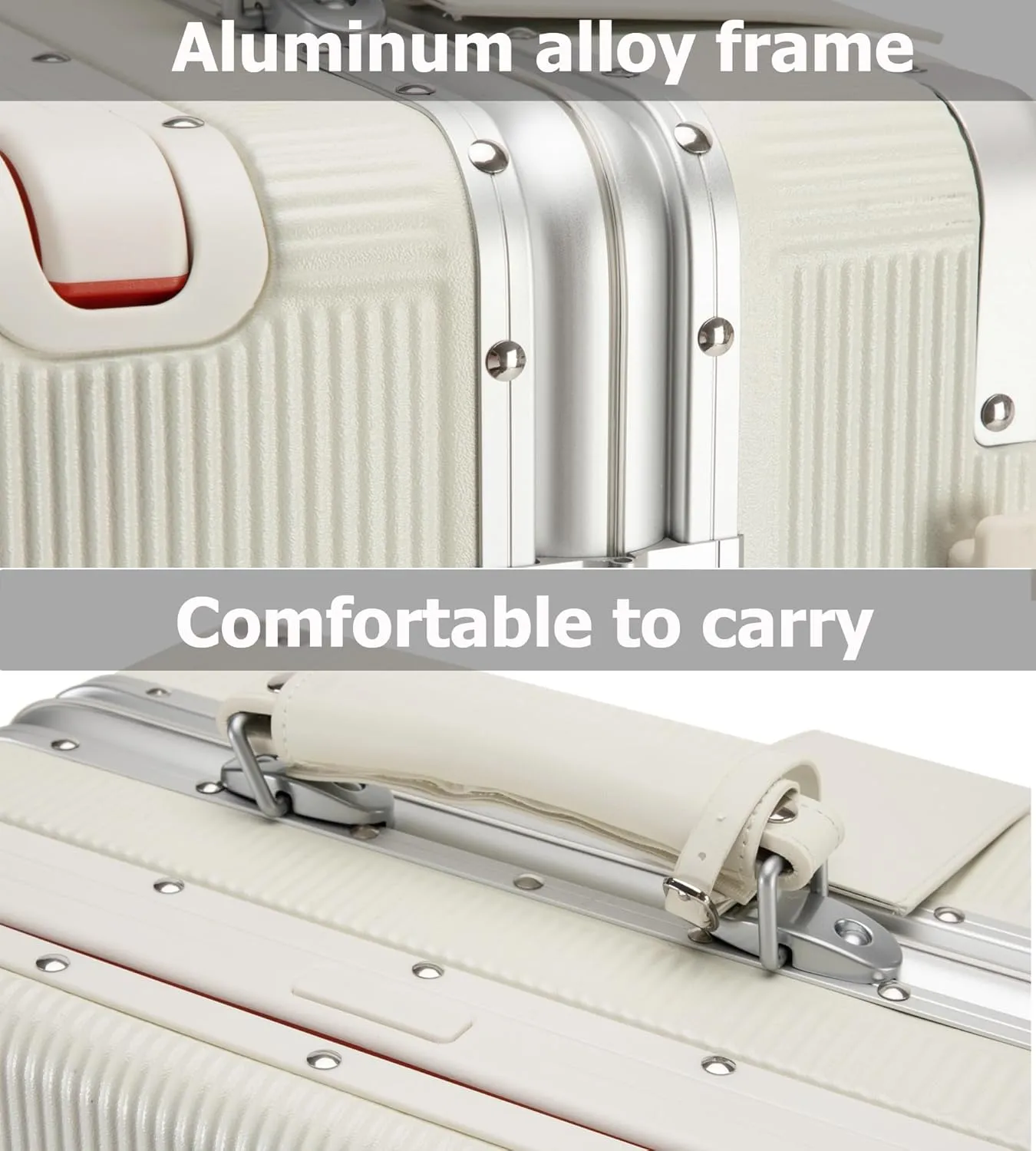 feilario 20'' Aluminum Frame Wide Handle PC Hardside Carry On Luggage - Double Spinner Wheels Luxury Rolling Travel Suitcase with TSA Lock & Cup Holder