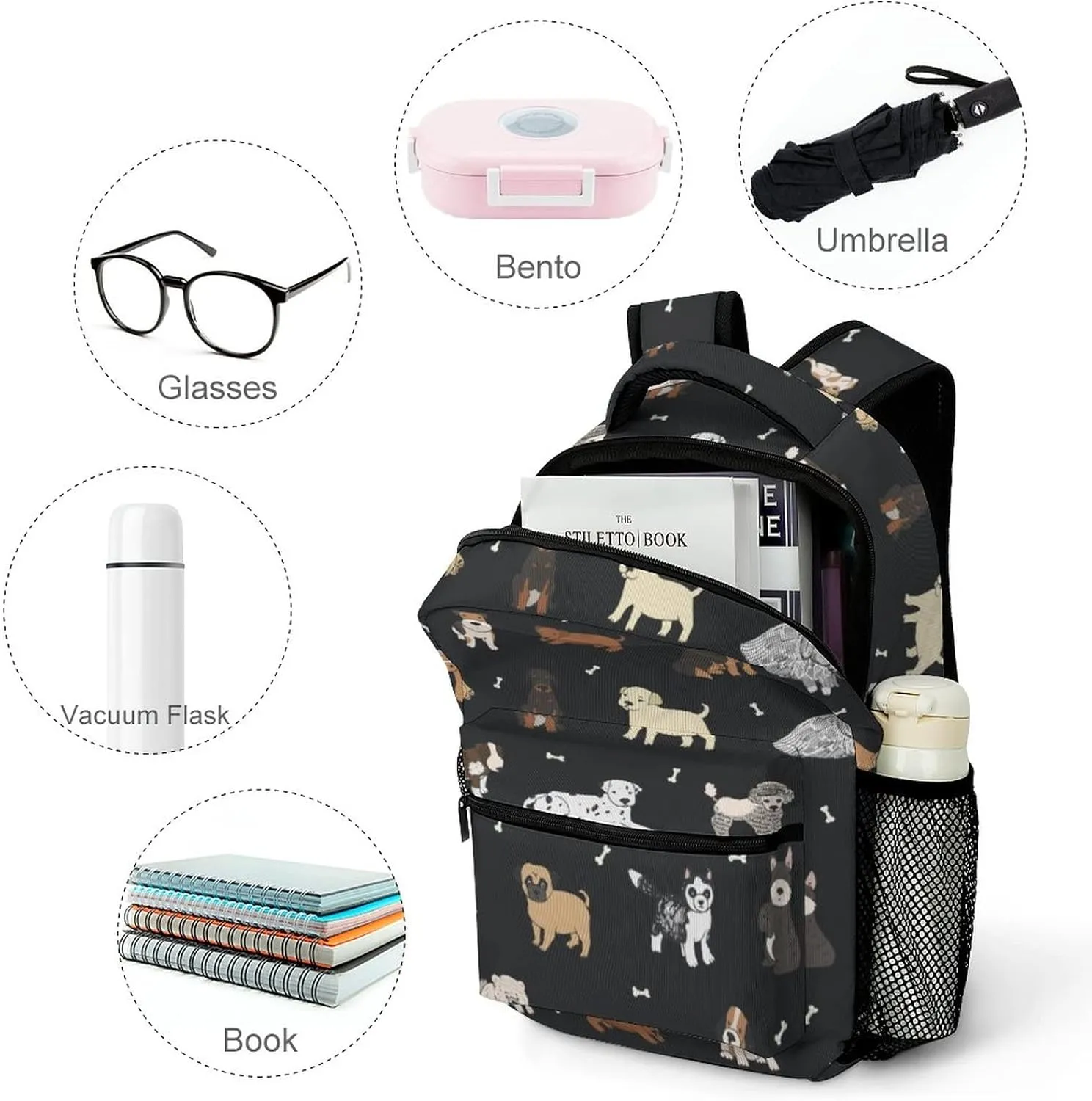 Fiokroo Puppy Dogs Cute Animals Backpack School Bag For Students Teens Men Women Laptop Backpacks Travel Daypack With Multiple Pockets Cute Dogsblack