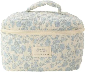 Floral Cotton Quilted Makeup Bag, Kawaii Aesthetic Travel Organizer Toiletry Bag with Handle, Large Cosmetic Bags with Zipper, Cute Pouch Tote Purse for Women (Blue Floral)