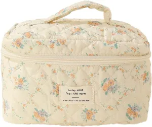 Floral Cotton Quilted Makeup Bag, Kawaii Aesthetic Travel Organizer Toiletry Bag with Handle, Large Cosmetic Bags with Zipper, Cute Pouch Tote Purse for Women (Orange Floral)