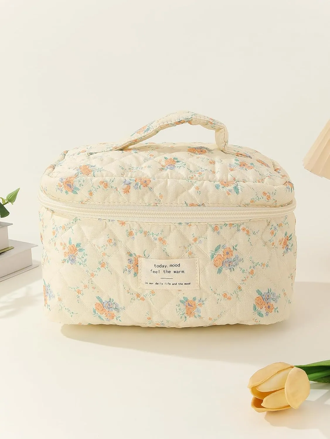 Floral Cotton Quilted Makeup Bag, Kawaii Aesthetic Travel Organizer Toiletry Bag with Handle, Large Cosmetic Bags with Zipper, Cute Pouch Tote Purse for Women (Orange Floral)