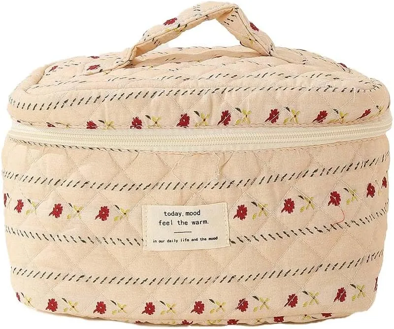 Floral Cotton Quilted Makeup Bag, Kawaii Aesthetic Travel Organizer Toiletry Bag with Handle, Large Cosmetic Bags with Zipper, Cute Pouch Tote Purse for Women (Striped)