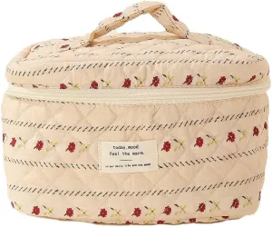 Floral Cotton Quilted Makeup Bag, Kawaii Aesthetic Travel Organizer Toiletry Bag with Handle, Large Cosmetic Bags with Zipper, Cute Pouch Tote Purse for Women (Striped)
