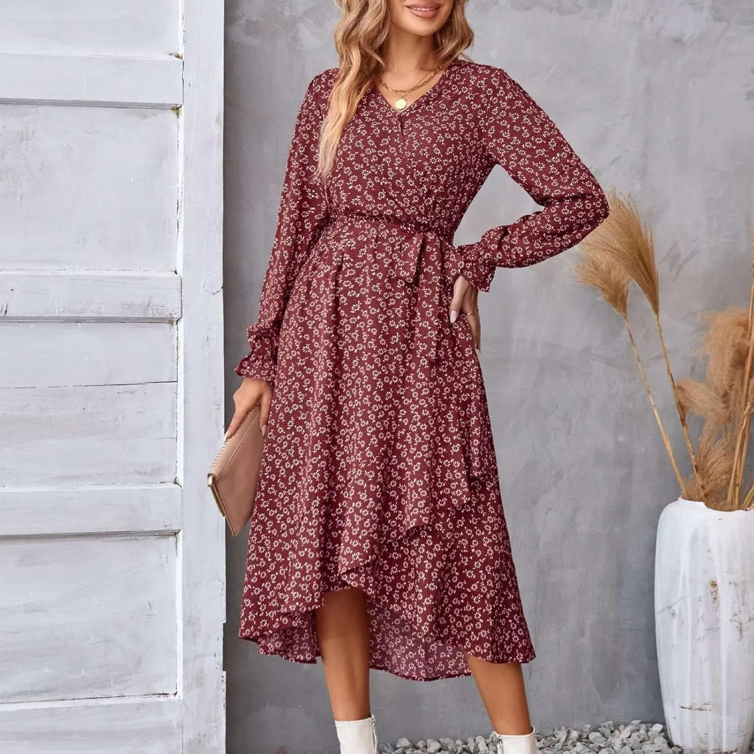 Floral Dresses for Women 2025 Tie Waist V Neck Spring Loose Casual Sundresses Long Sleeve Dressy Holiday Long Dress