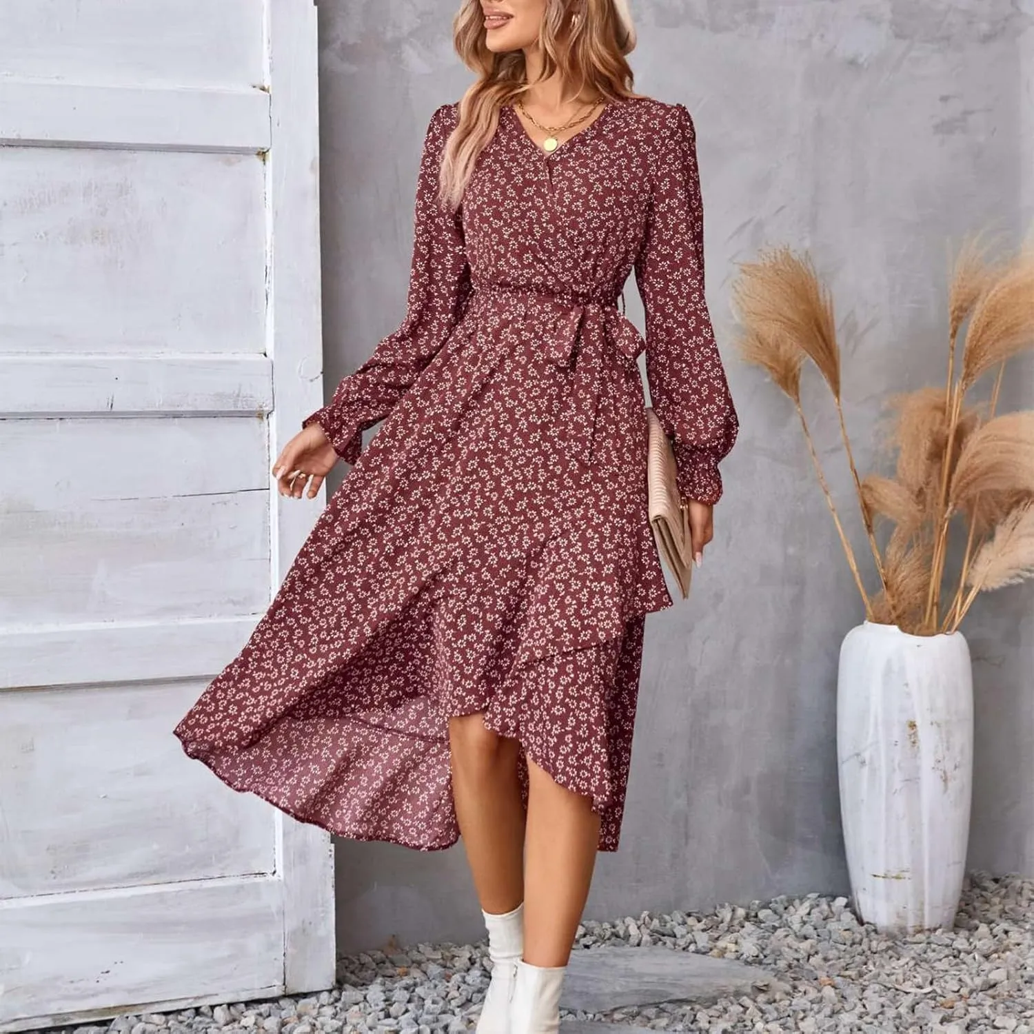 Floral Dresses for Women 2025 Tie Waist V Neck Spring Loose Casual Sundresses Long Sleeve Dressy Holiday Long Dress