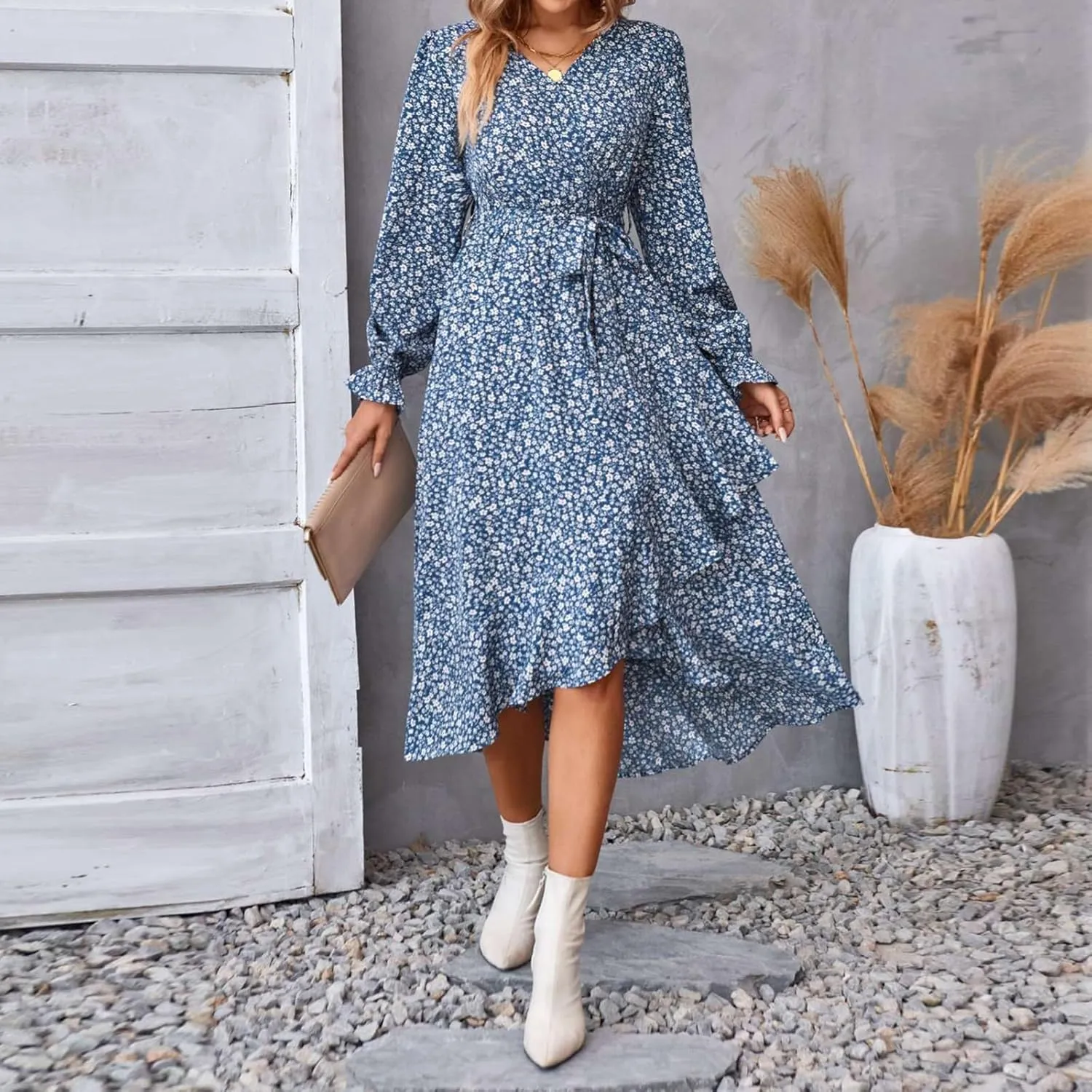 Floral Dresses for Women 2025 Tie Waist V Neck Spring Loose Casual Sundresses Long Sleeve Dressy Holiday Long Dress