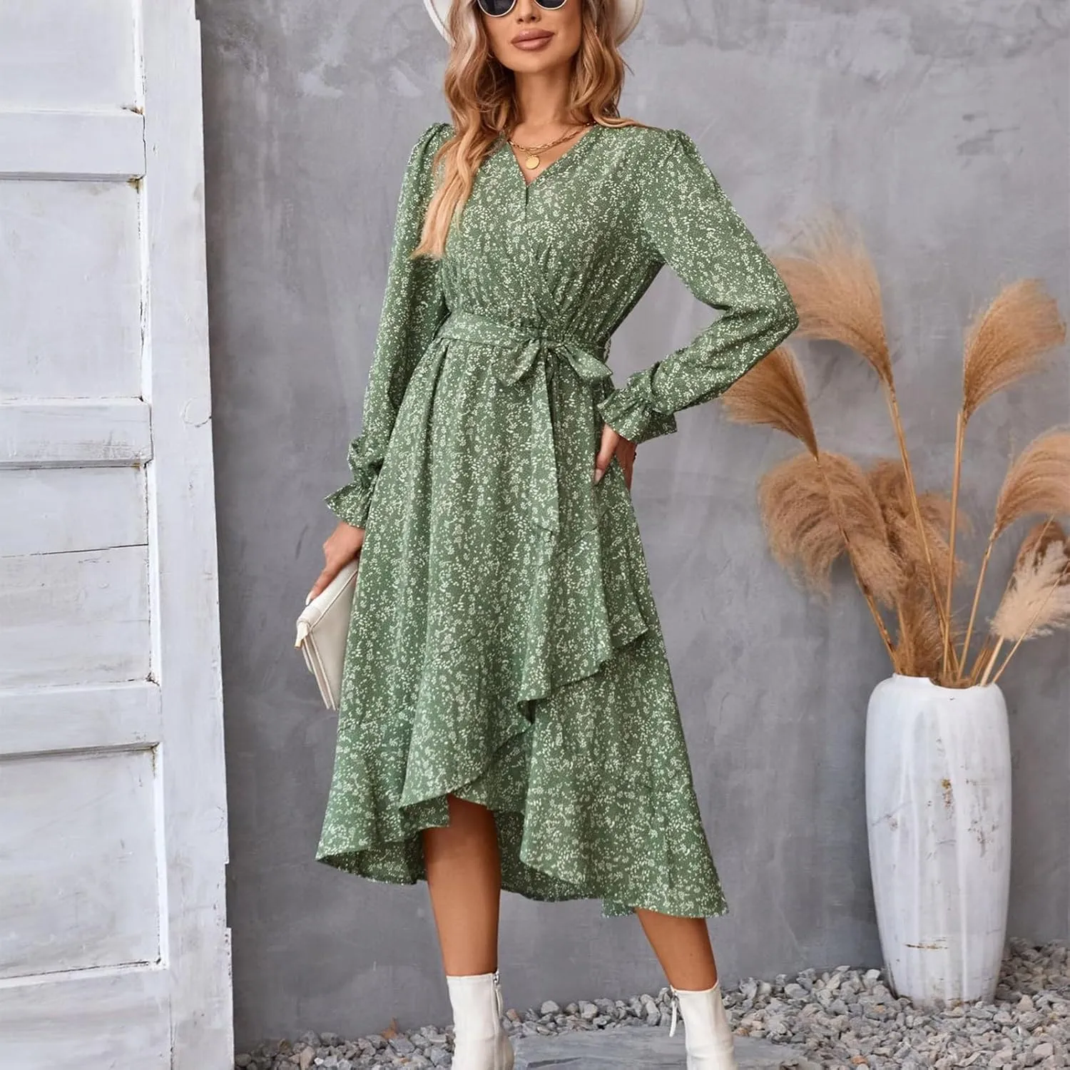 Floral Dresses for Women 2025 Tie Waist V Neck Spring Loose Casual Sundresses Long Sleeve Dressy Holiday Long Dress