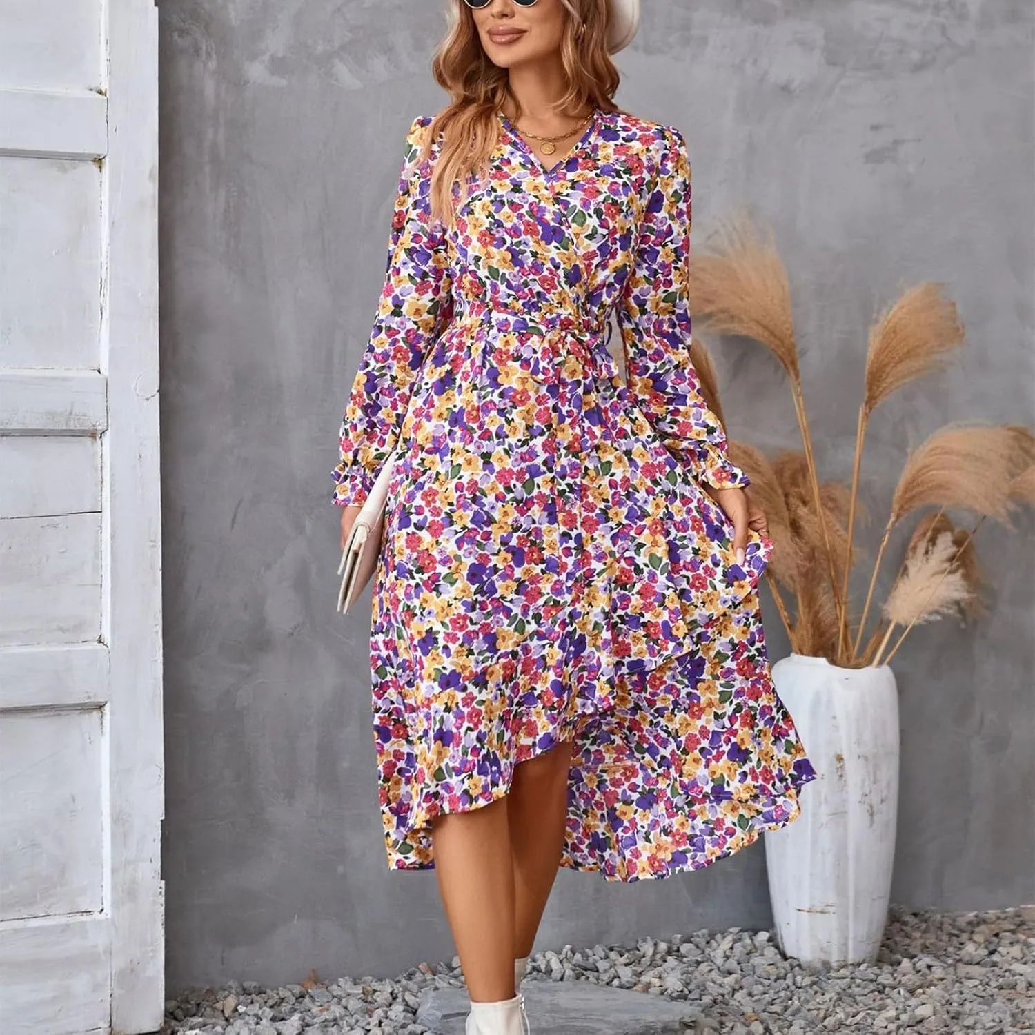 Floral Dresses for Women 2025 Tie Waist V Neck Spring Loose Casual Sundresses Long Sleeve Dressy Holiday Long Dress