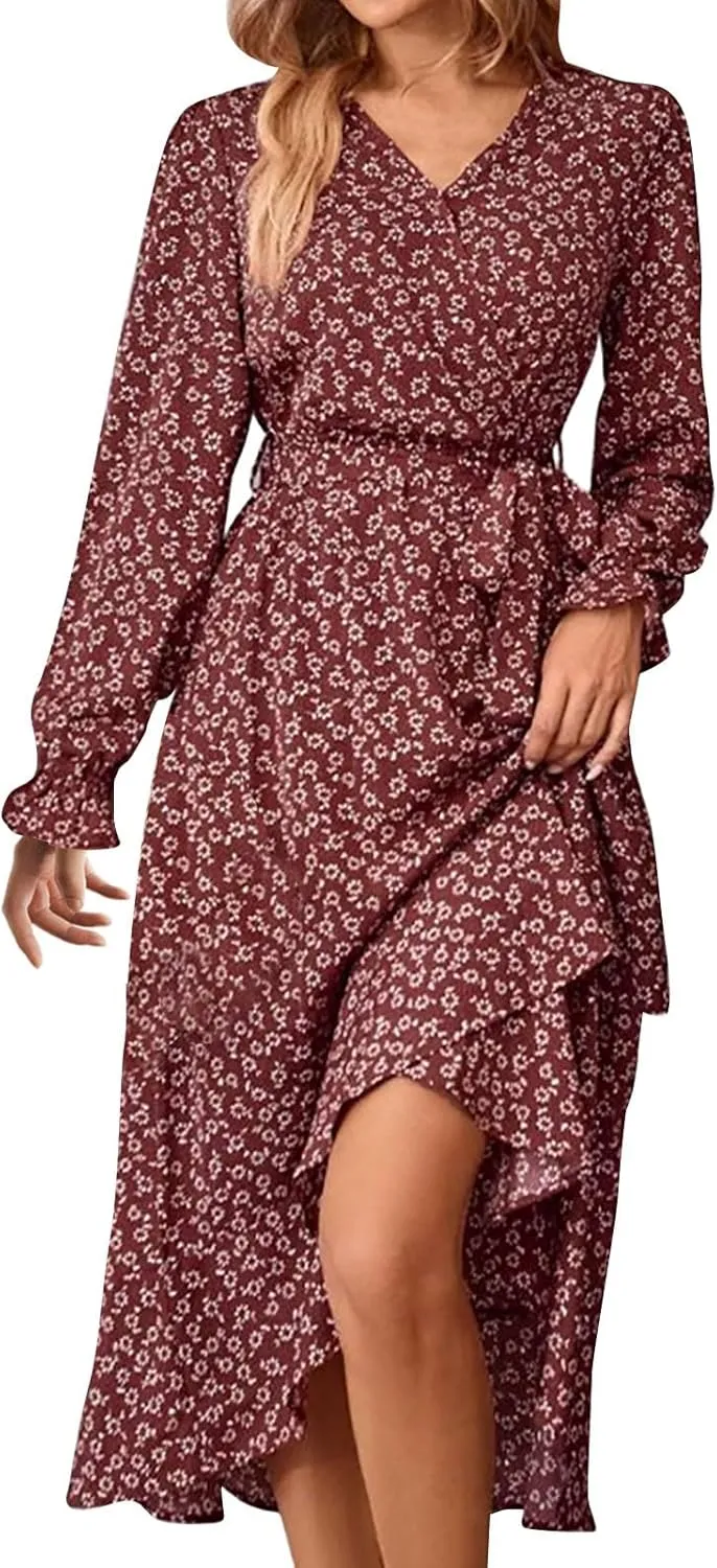 Floral Dresses for Women 2025 Tie Waist V Neck Spring Loose Casual Sundresses Long Sleeve Dressy Holiday Long Dress