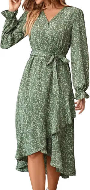 Floral Dresses for Women 2025 Tie Waist V Neck Spring Loose Casual Sundresses Long Sleeve Dressy Holiday Long Dress