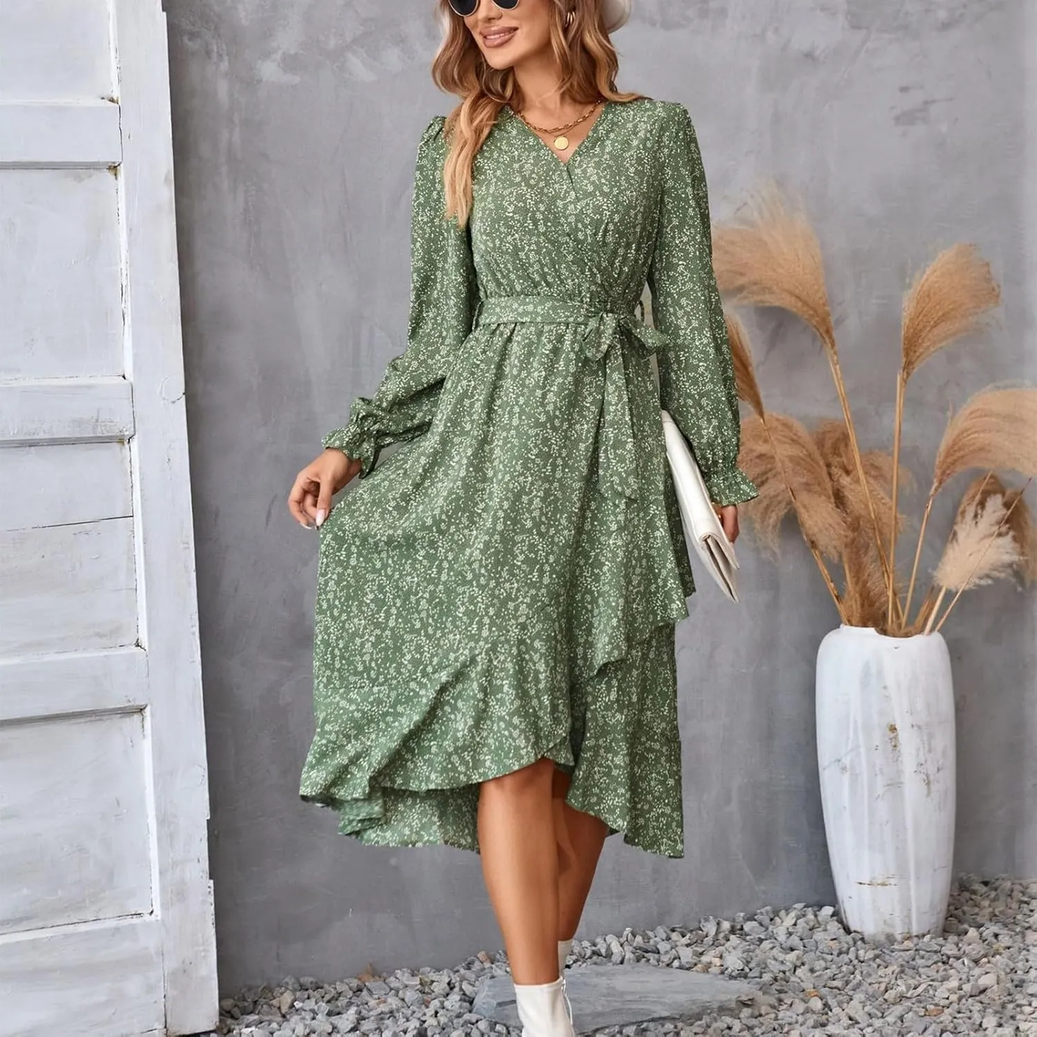 Floral Dresses for Women 2025 Tie Waist V Neck Spring Loose Casual Sundresses Long Sleeve Dressy Holiday Long Dress