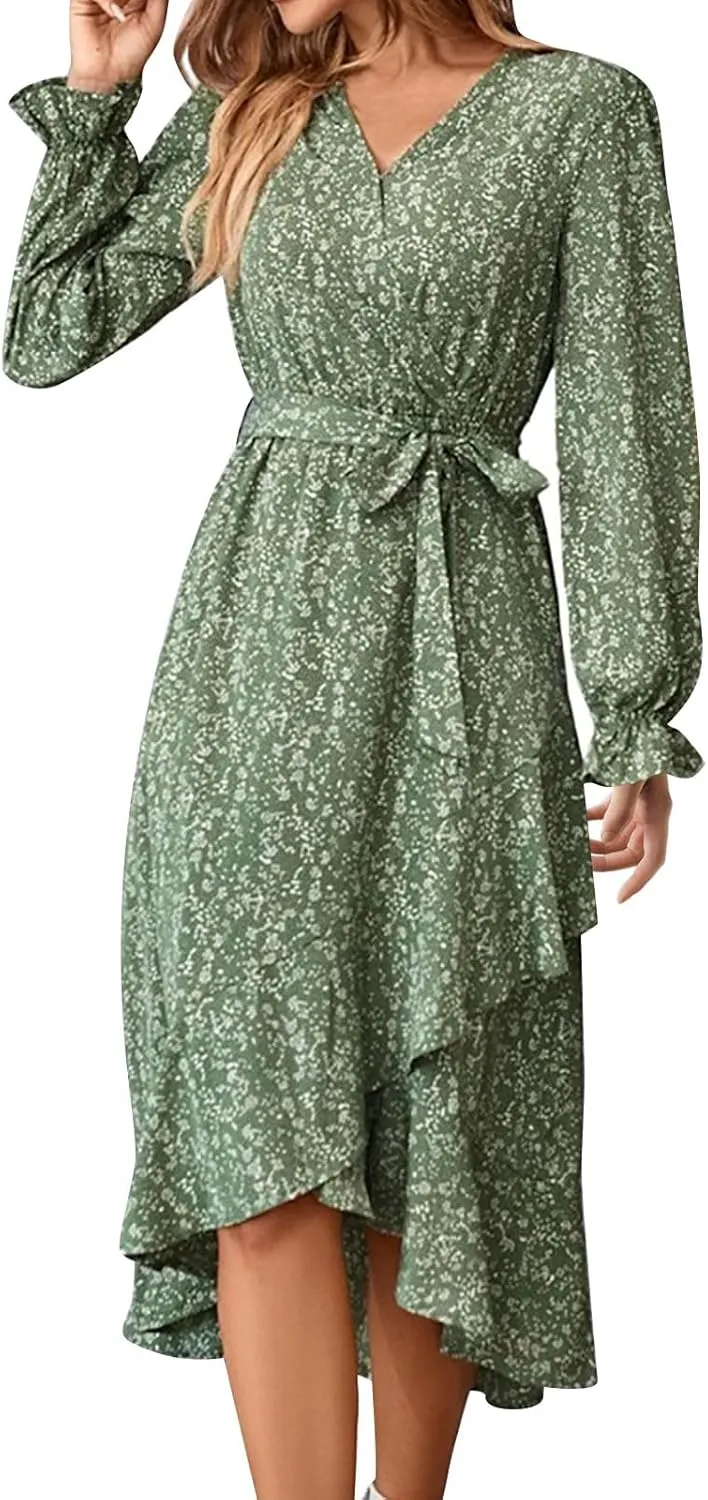 Floral Dresses for Women 2025 Tie Waist V Neck Spring Loose Casual Sundresses Long Sleeve Dressy Holiday Long Dress