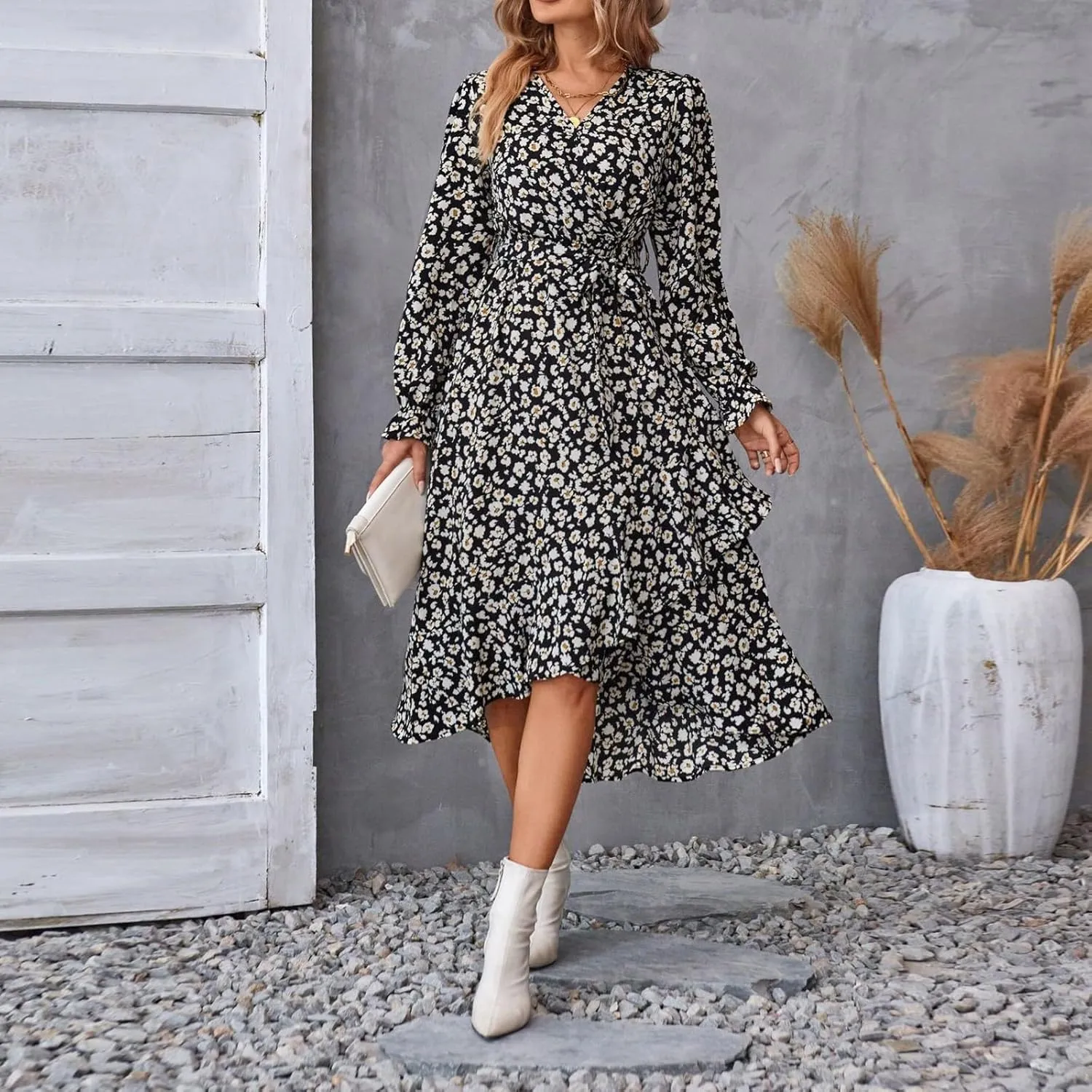 Floral Dresses for Women 2025 Tie Waist V Neck Spring Loose Casual Sundresses Long Sleeve Dressy Holiday Long Dress