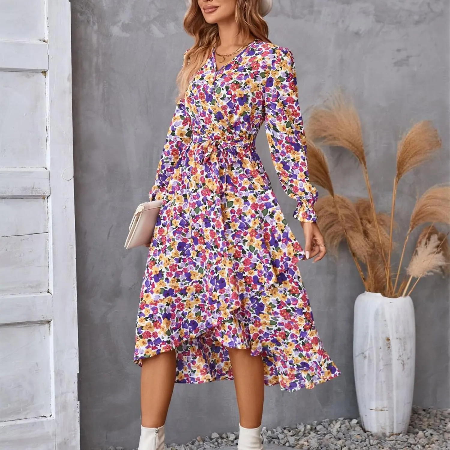 Floral Dresses for Women 2025 Tie Waist V Neck Spring Loose Casual Sundresses Long Sleeve Dressy Holiday Long Dress