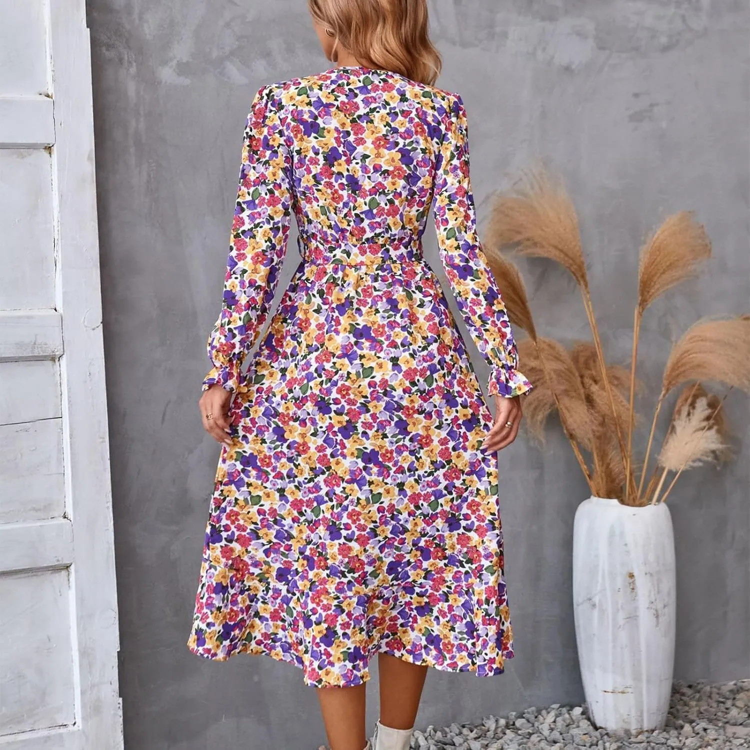 Floral Dresses for Women 2025 Tie Waist V Neck Spring Loose Casual Sundresses Long Sleeve Dressy Holiday Long Dress
