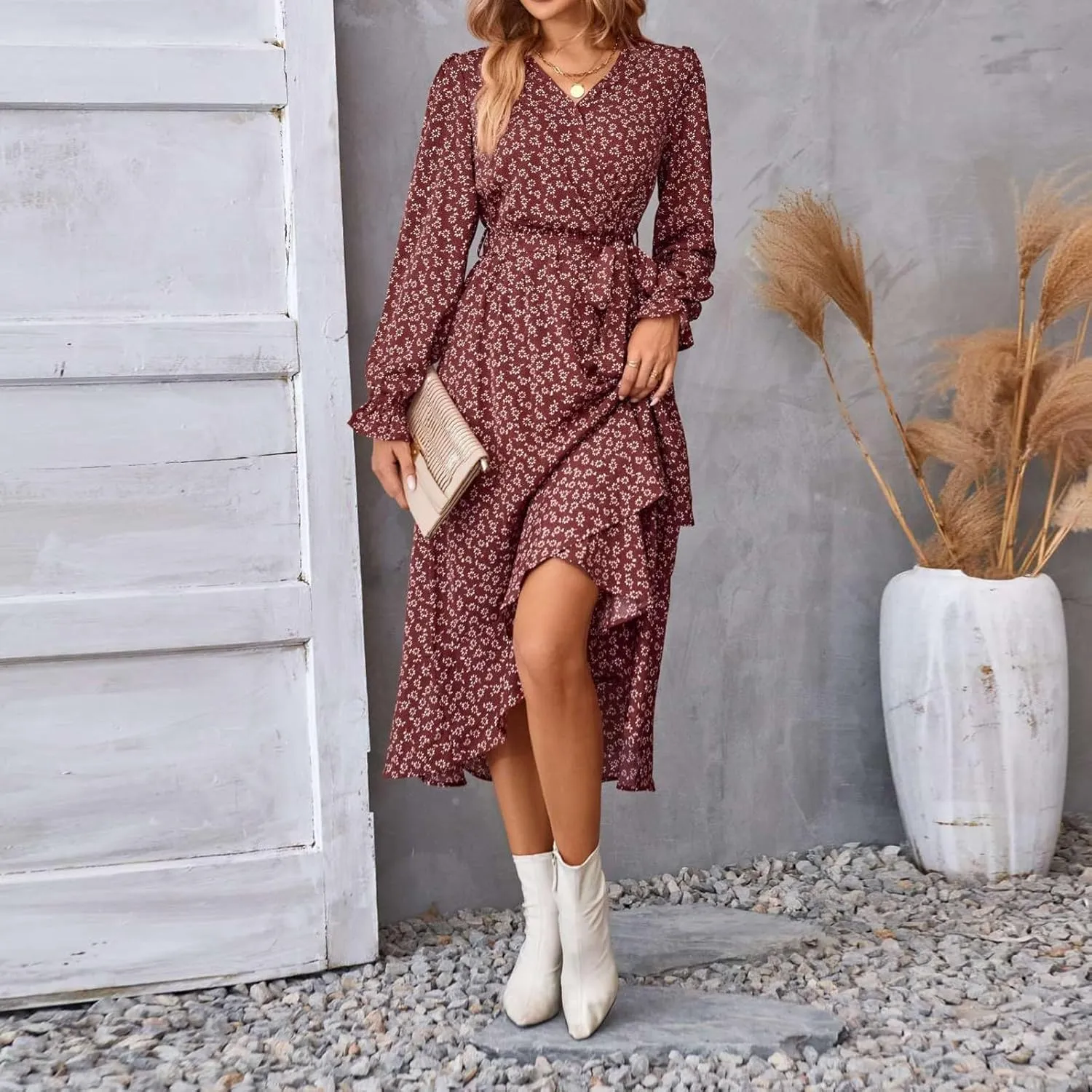 Floral Dresses for Women 2025 Tie Waist V Neck Spring Loose Casual Sundresses Long Sleeve Dressy Holiday Long Dress