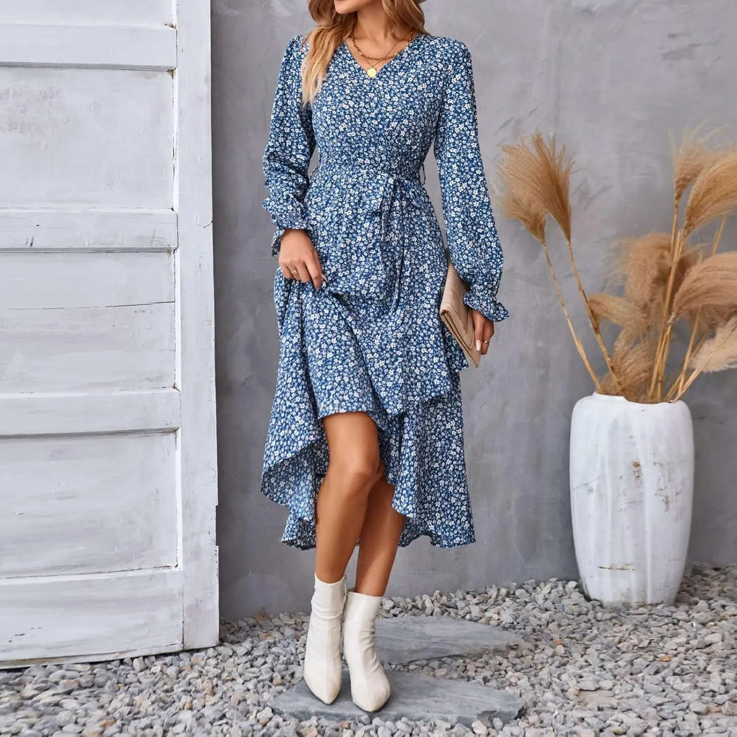 Floral Dresses for Women 2025 Tie Waist V Neck Spring Loose Casual Sundresses Long Sleeve Dressy Holiday Long Dress