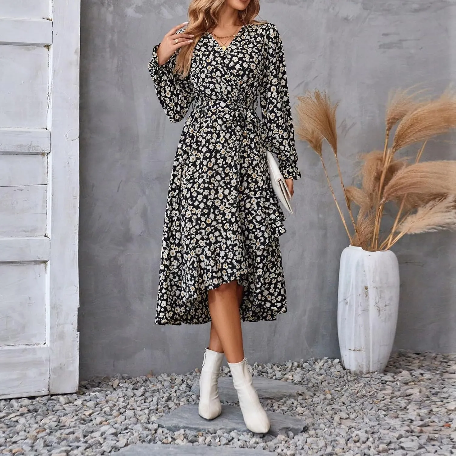 Floral Dresses for Women 2025 Tie Waist V Neck Spring Loose Casual Sundresses Long Sleeve Dressy Holiday Long Dress