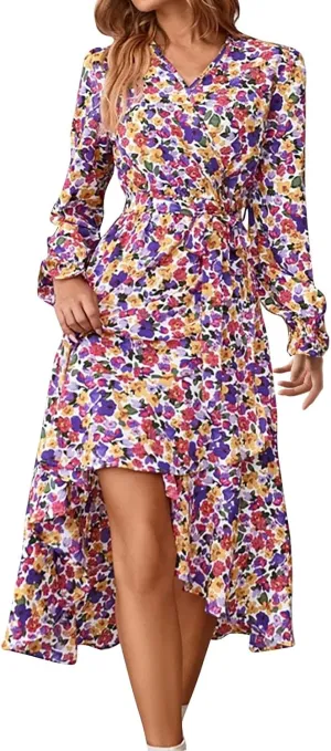 Floral Dresses for Women 2025 Tie Waist V Neck Spring Loose Casual Sundresses Long Sleeve Dressy Holiday Long Dress