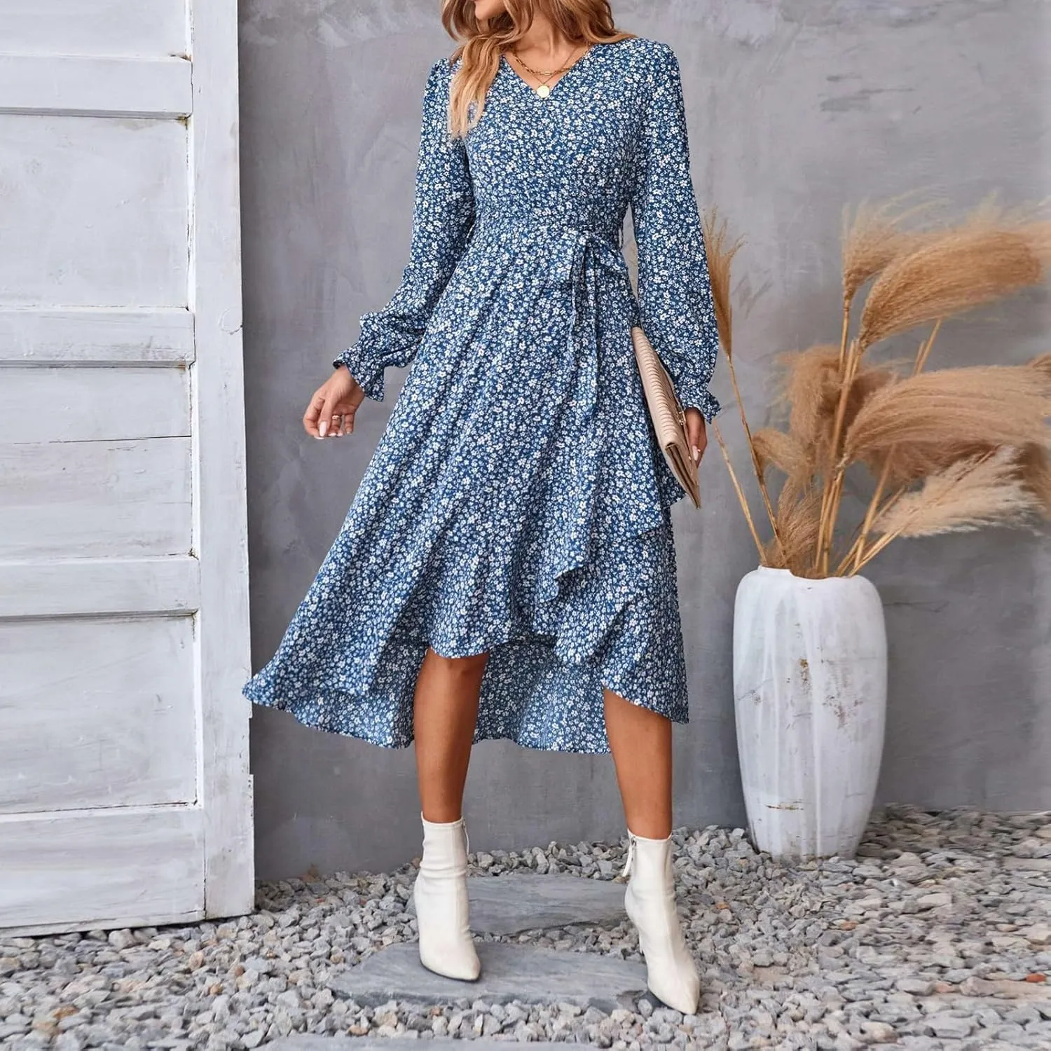Floral Dresses for Women 2025 Tie Waist V Neck Spring Loose Casual Sundresses Long Sleeve Dressy Holiday Long Dress