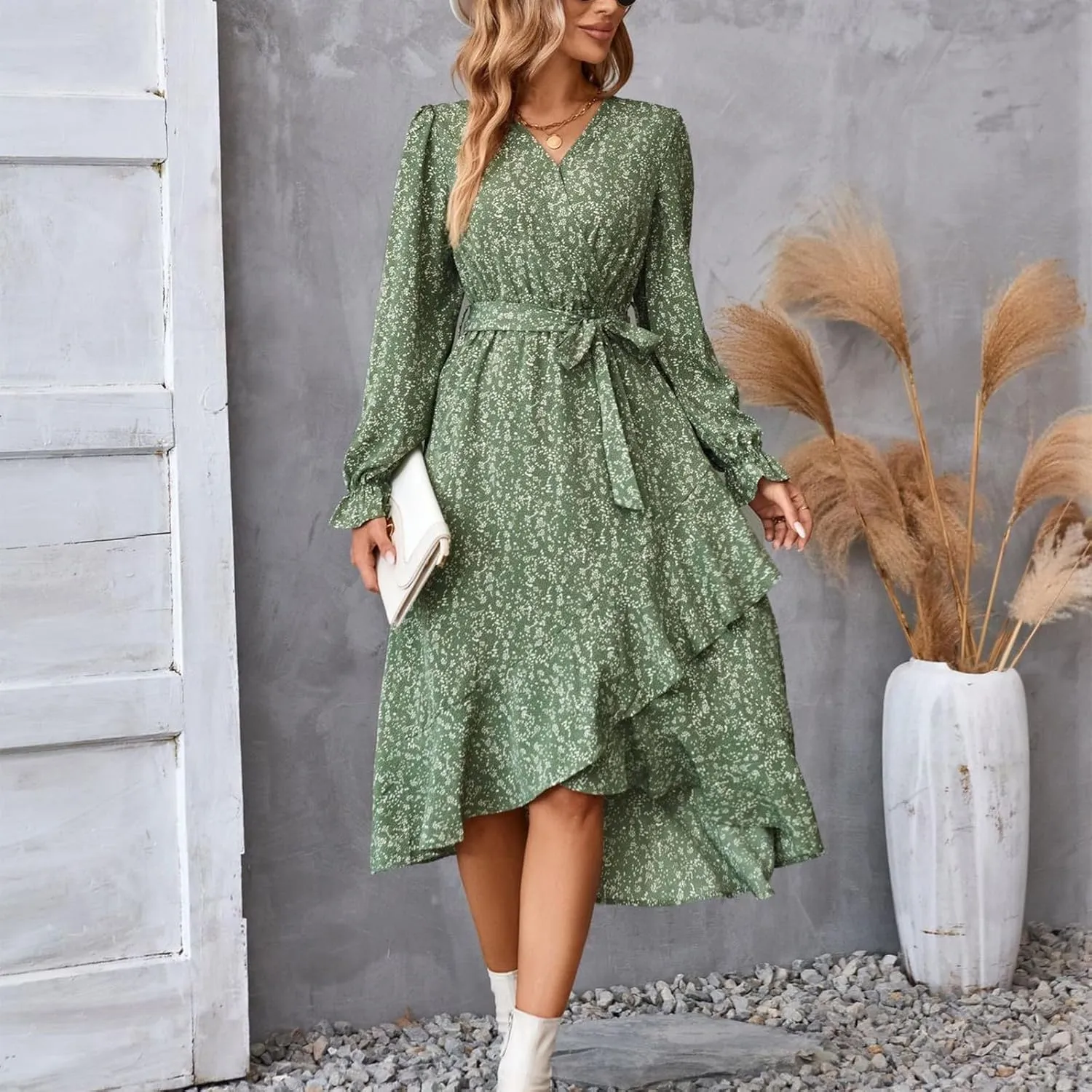 Floral Dresses for Women 2025 Tie Waist V Neck Spring Loose Casual Sundresses Long Sleeve Dressy Holiday Long Dress