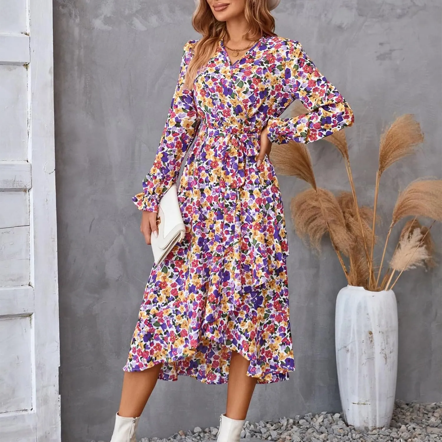 Floral Dresses for Women 2025 Tie Waist V Neck Spring Loose Casual Sundresses Long Sleeve Dressy Holiday Long Dress