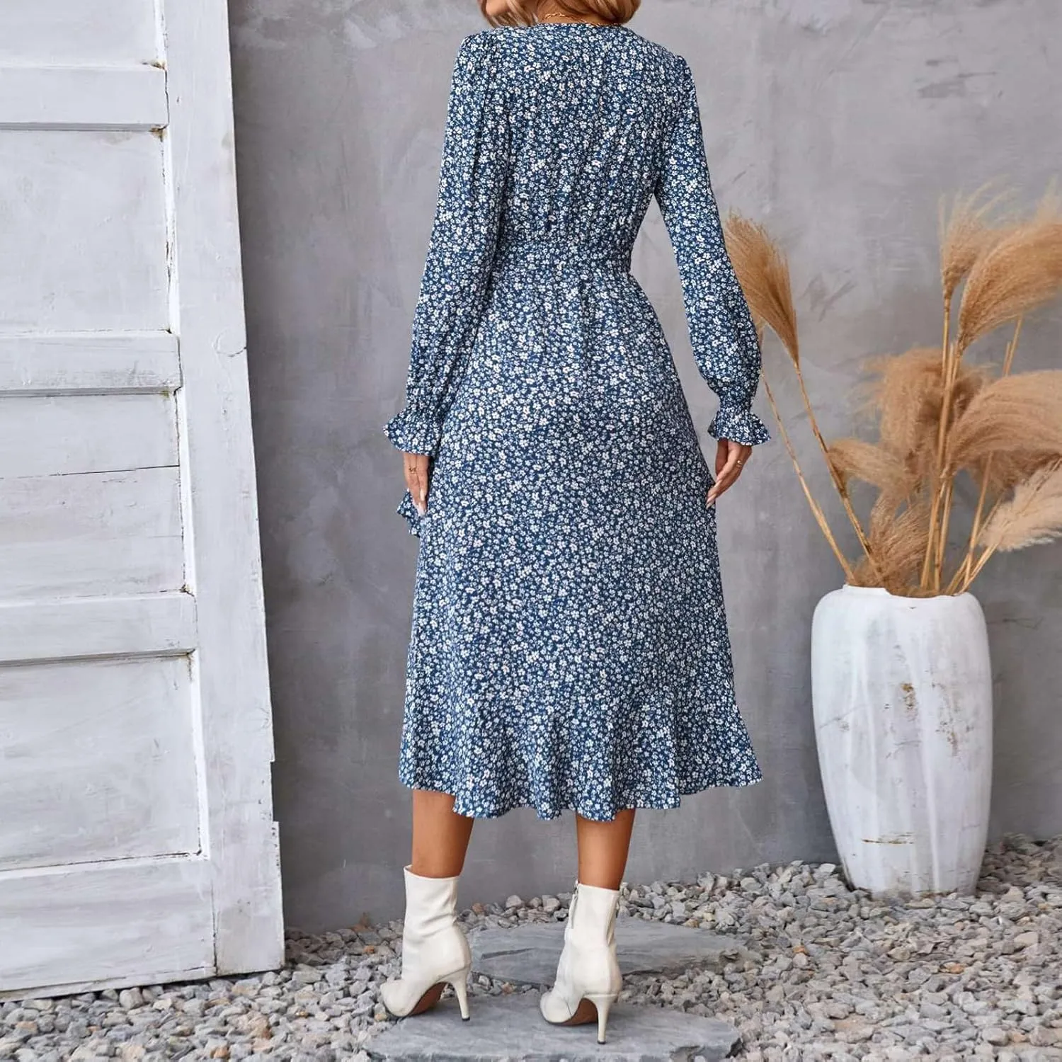 Floral Dresses for Women 2025 Tie Waist V Neck Spring Loose Casual Sundresses Long Sleeve Dressy Holiday Long Dress