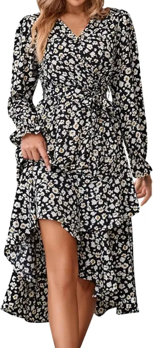 Floral Dresses for Women 2025 Tie Waist V Neck Spring Loose Casual Sundresses Long Sleeve Dressy Holiday Long Dress
