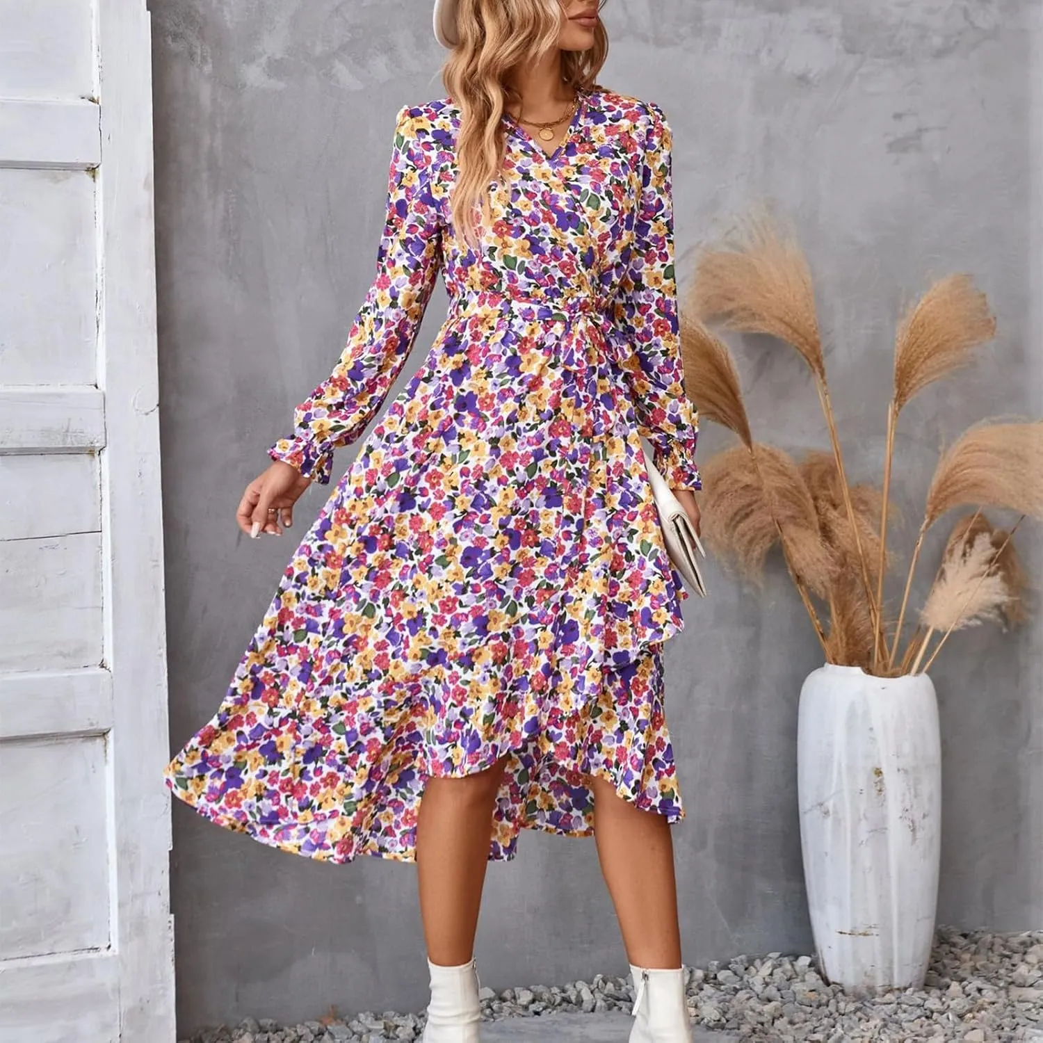 Floral Dresses for Women 2025 Tie Waist V Neck Spring Loose Casual Sundresses Long Sleeve Dressy Holiday Long Dress