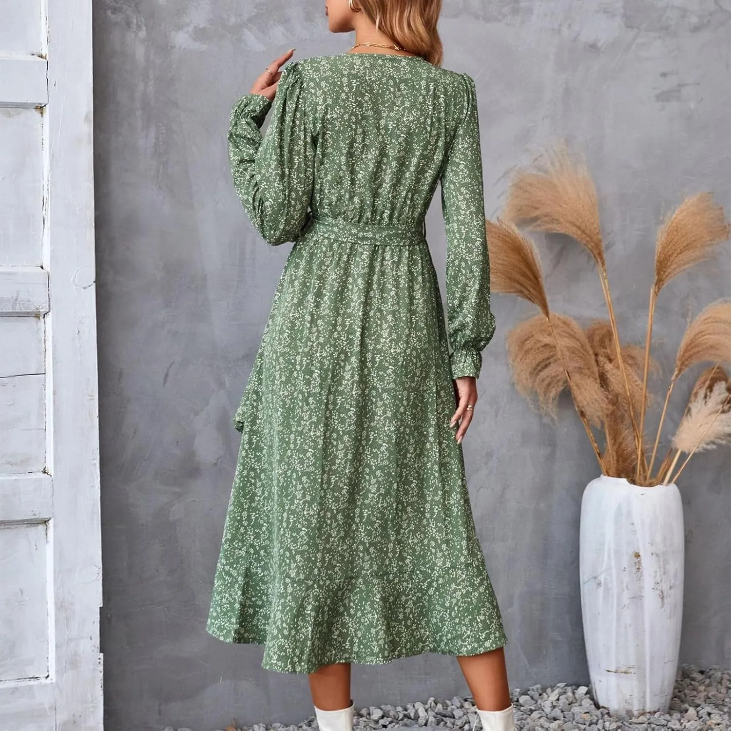 Floral Dresses for Women 2025 Tie Waist V Neck Spring Loose Casual Sundresses Long Sleeve Dressy Holiday Long Dress