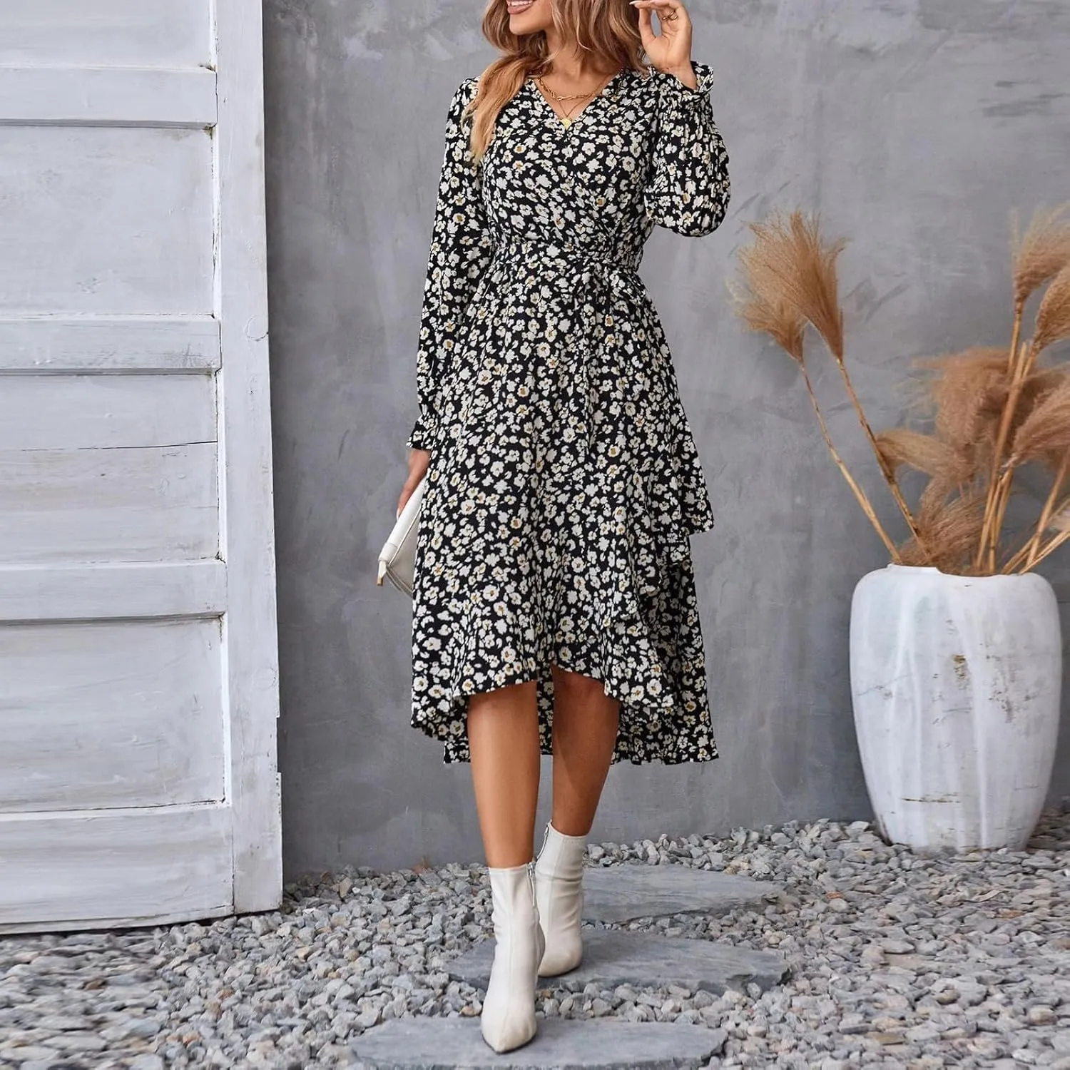 Floral Dresses for Women 2025 Tie Waist V Neck Spring Loose Casual Sundresses Long Sleeve Dressy Holiday Long Dress