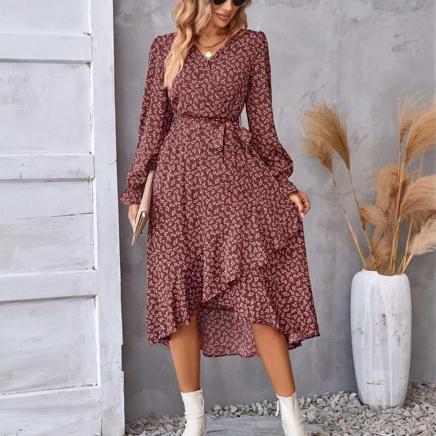 Floral Dresses for Women 2025 Tie Waist V Neck Spring Loose Casual Sundresses Long Sleeve Dressy Holiday Long Dress