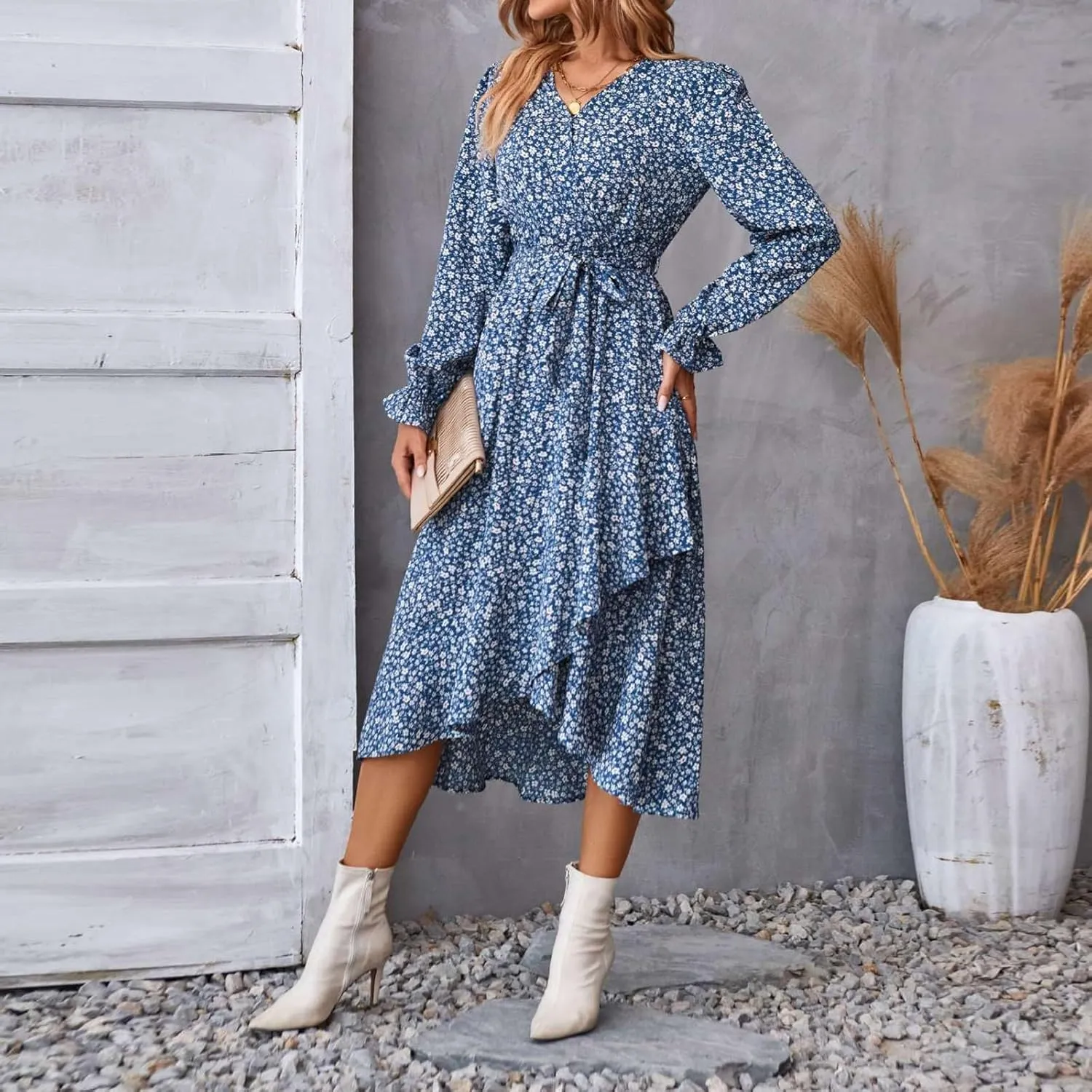 Floral Dresses for Women 2025 Tie Waist V Neck Spring Loose Casual Sundresses Long Sleeve Dressy Holiday Long Dress