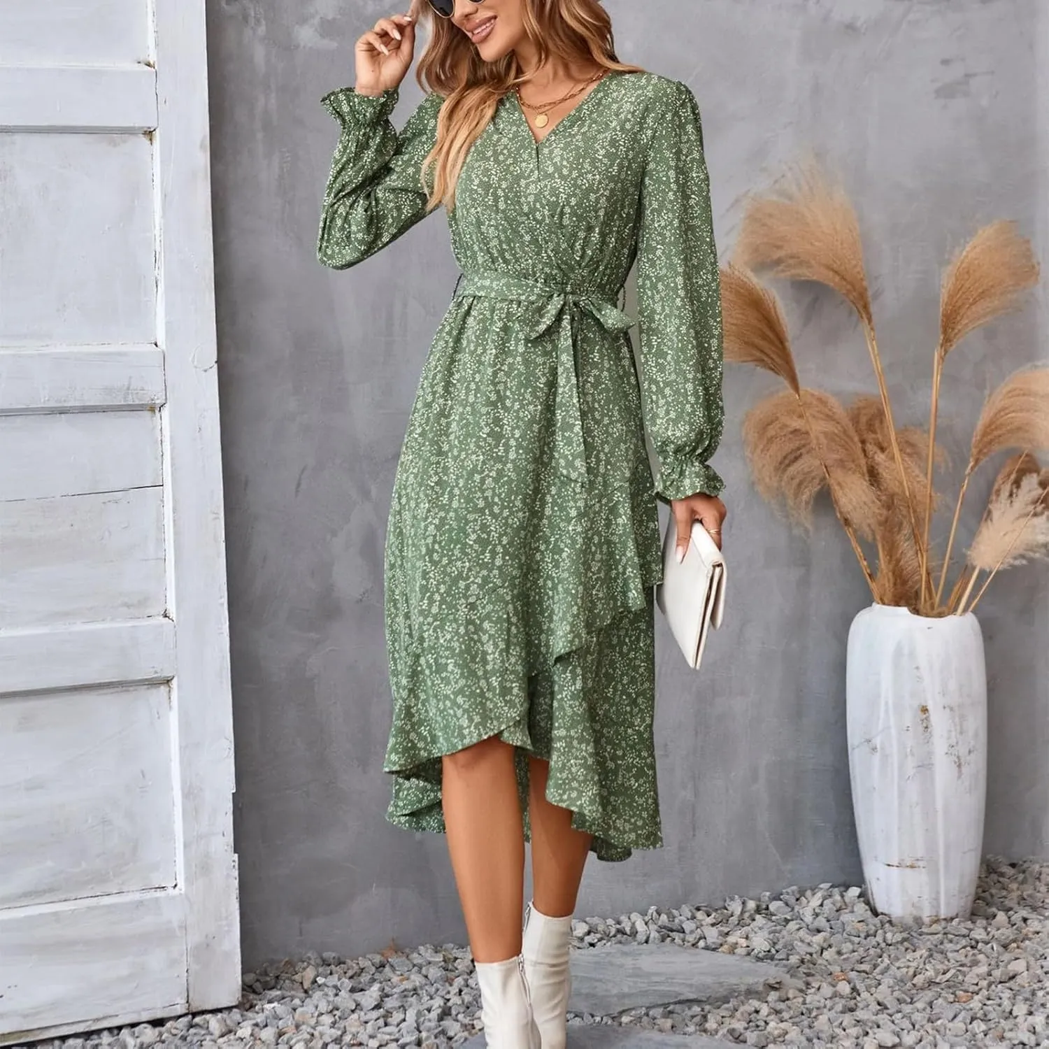 Floral Dresses for Women 2025 Tie Waist V Neck Spring Loose Casual Sundresses Long Sleeve Dressy Holiday Long Dress