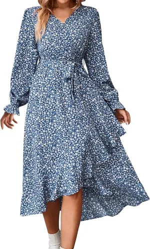 Floral Dresses for Women 2025 Tie Waist V Neck Spring Loose Casual Sundresses Long Sleeve Dressy Holiday Long Dress
