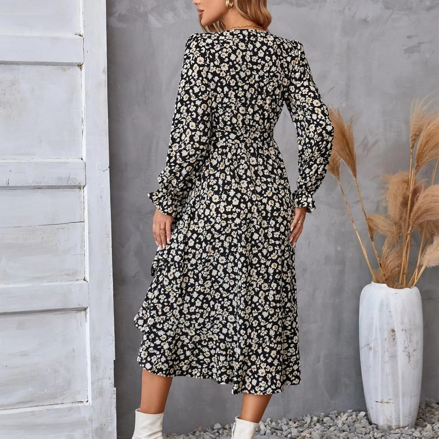 Floral Dresses for Women 2025 Tie Waist V Neck Spring Loose Casual Sundresses Long Sleeve Dressy Holiday Long Dress