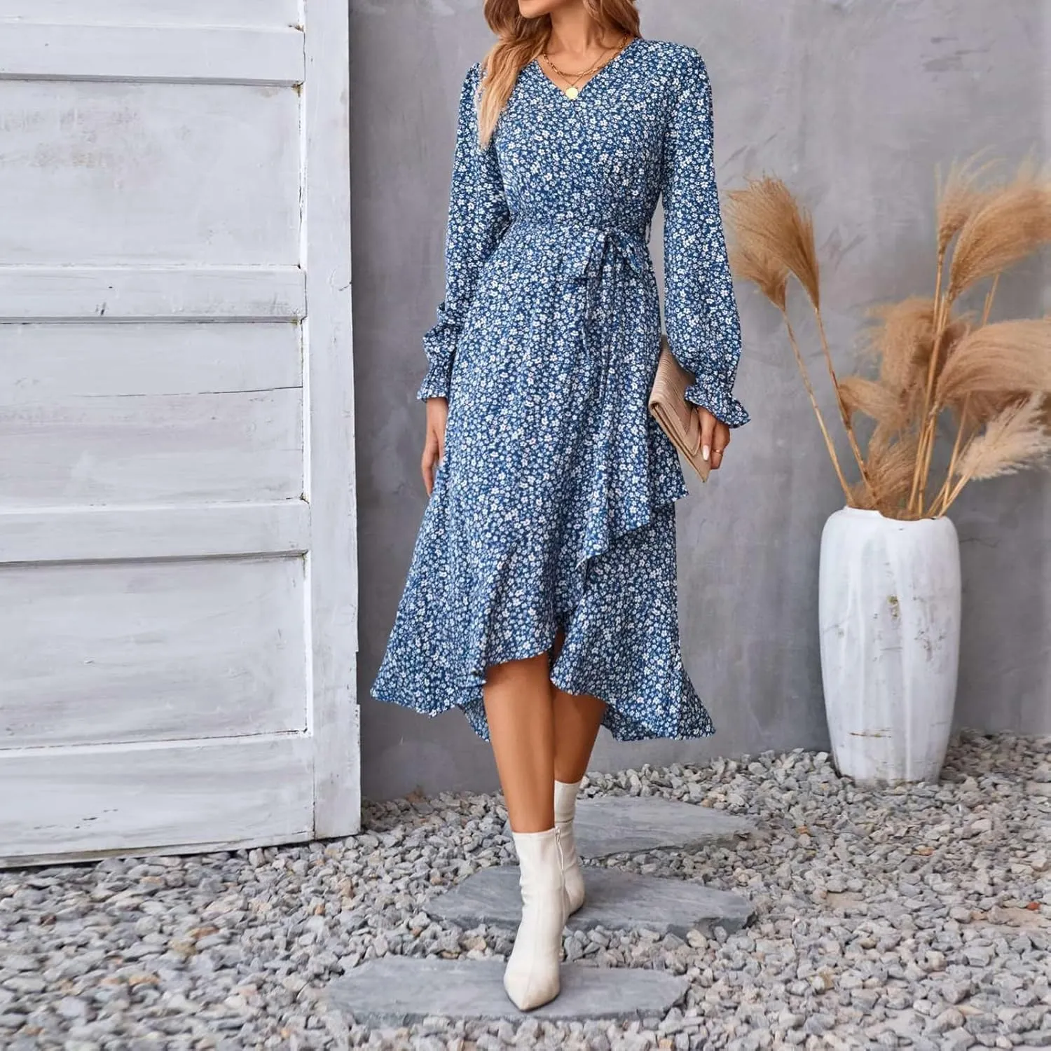 Floral Dresses for Women 2025 Tie Waist V Neck Spring Loose Casual Sundresses Long Sleeve Dressy Holiday Long Dress