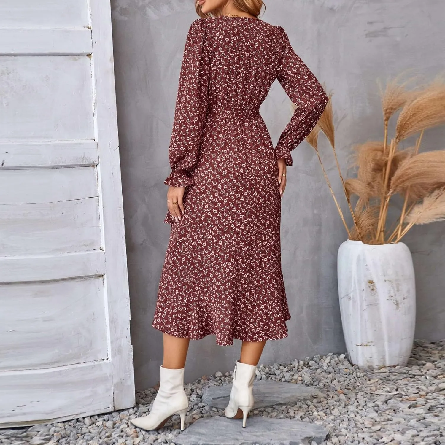 Floral Dresses for Women 2025 Tie Waist V Neck Spring Loose Casual Sundresses Long Sleeve Dressy Holiday Long Dress