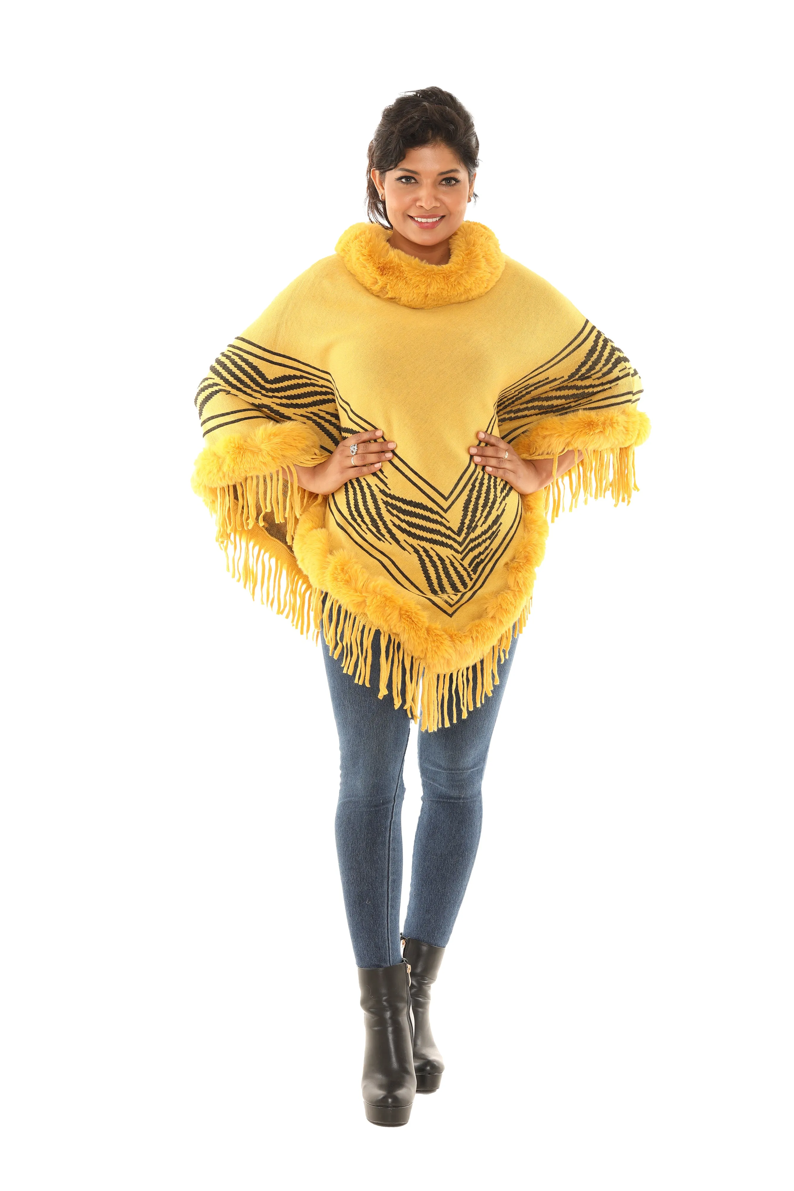 Floral Faux Fur-Trim Poncho