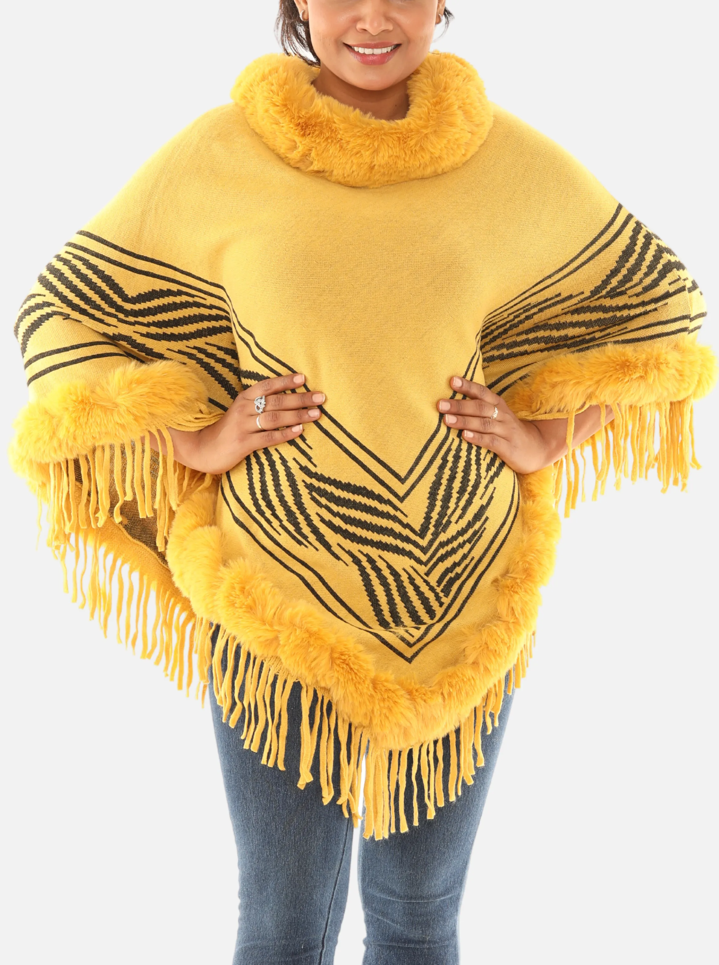Floral Faux Fur-Trim Poncho
