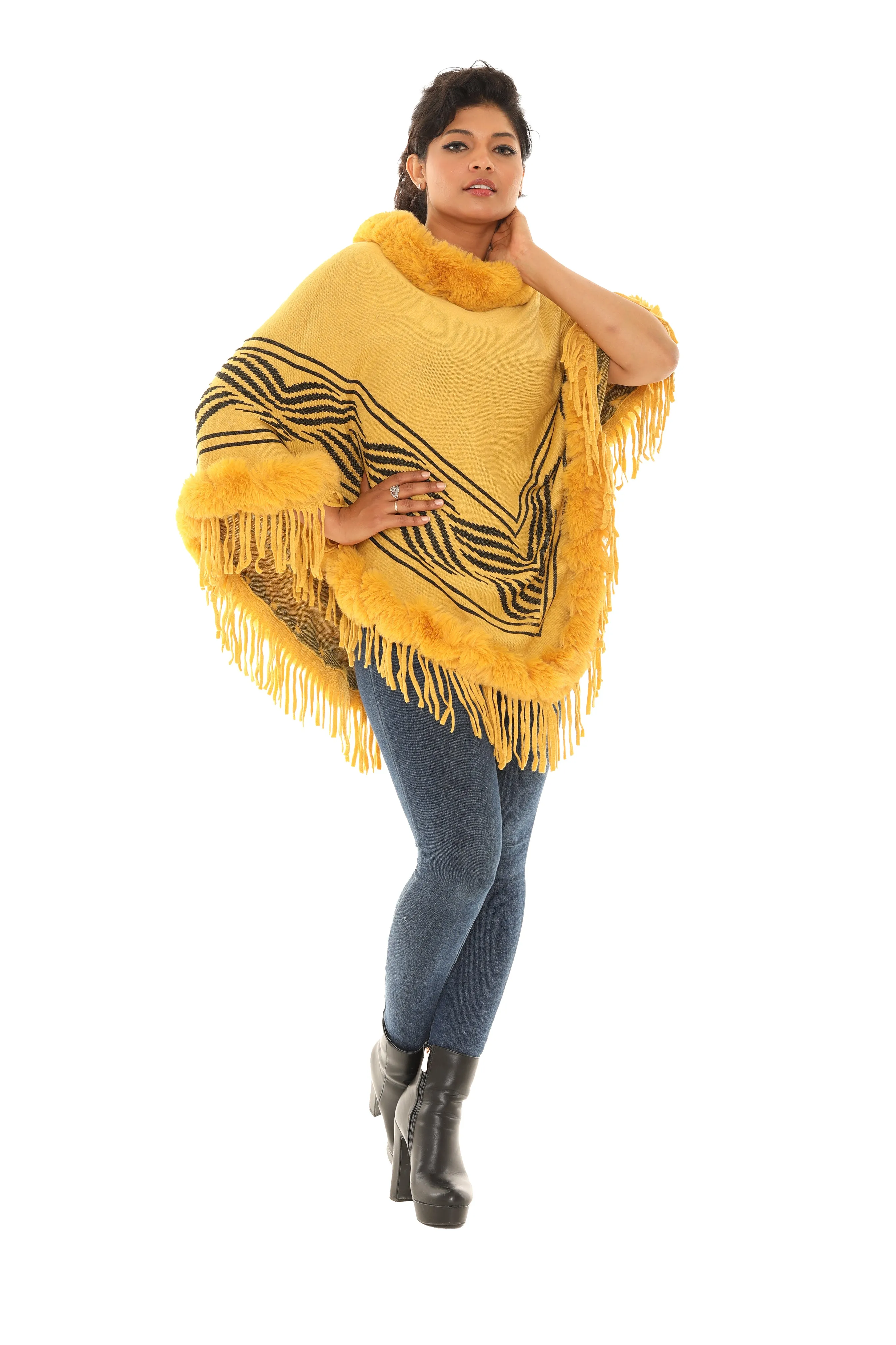 Floral Faux Fur-Trim Poncho
