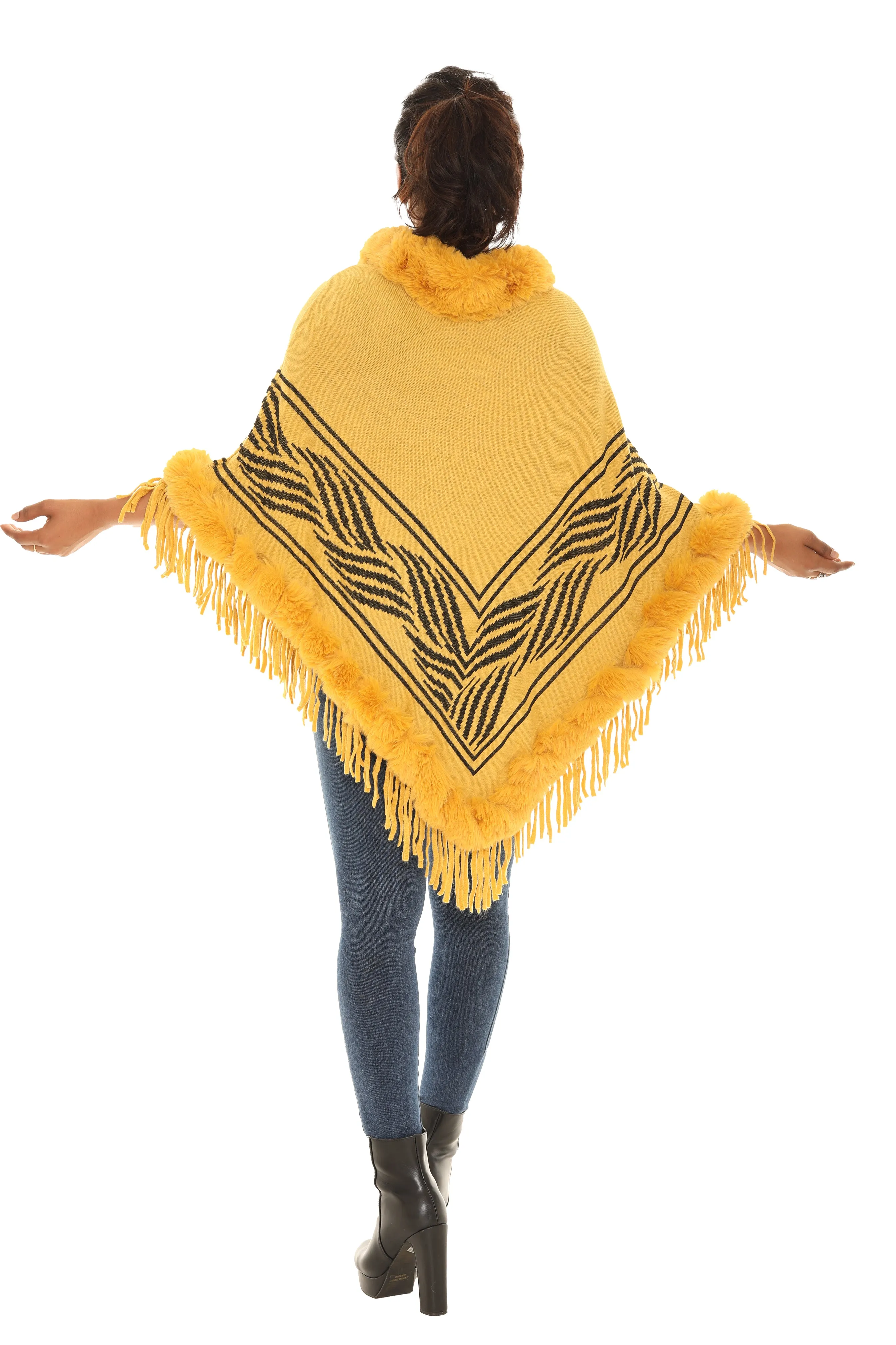 Floral Faux Fur-Trim Poncho